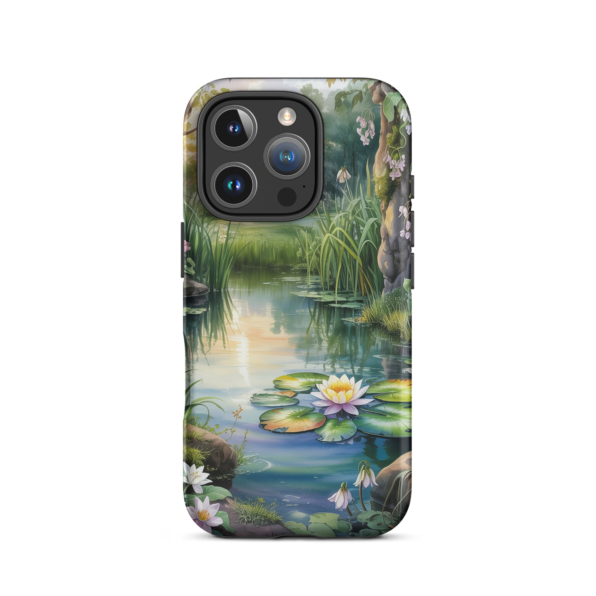 Phone Case for iPhone with enchanted pond design featuring lily pads and wildflowers in serene sunset setting.