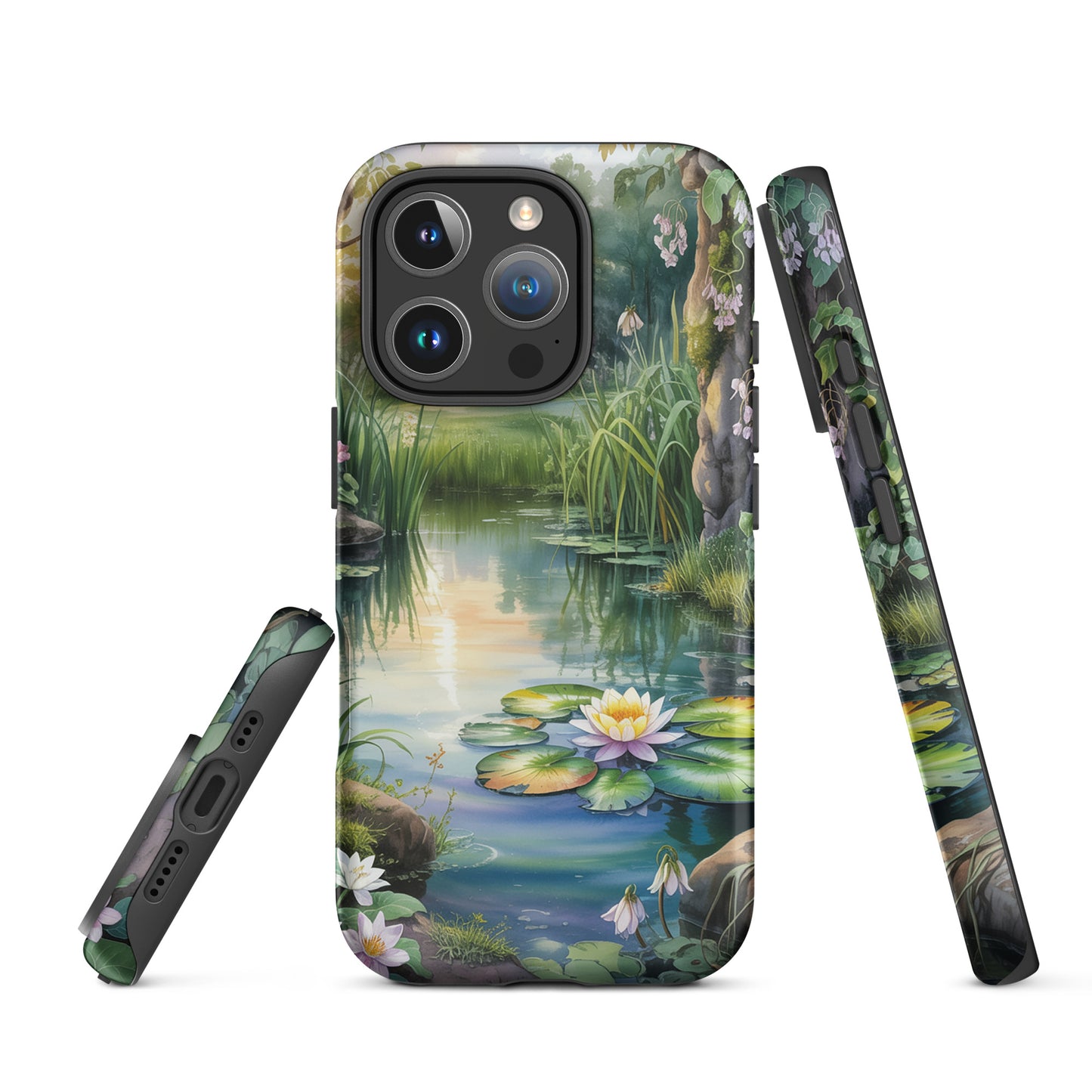 Phone Case for iPhone with enchanted pond design featuring water lilies, sunset reflections, and wildflowers.