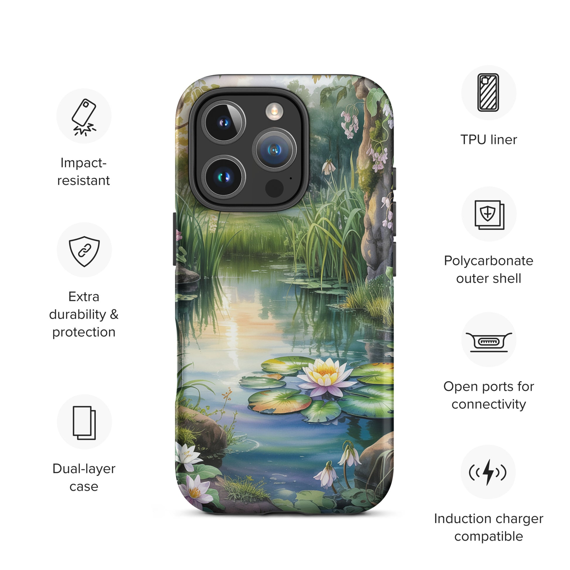 Phone Case for iPhone with enchanted pond design, lily pads, and sunset glow. Impact-resistant, dual-layer protection, charger compatible.