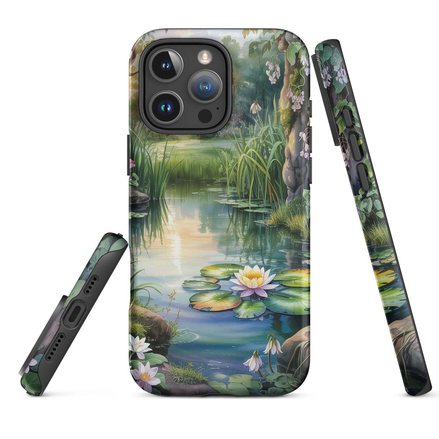 Phone Case with enchanted pond design featuring lily pads and sunset glow, adding serene charm to iPhone. Perfect for nature lovers.