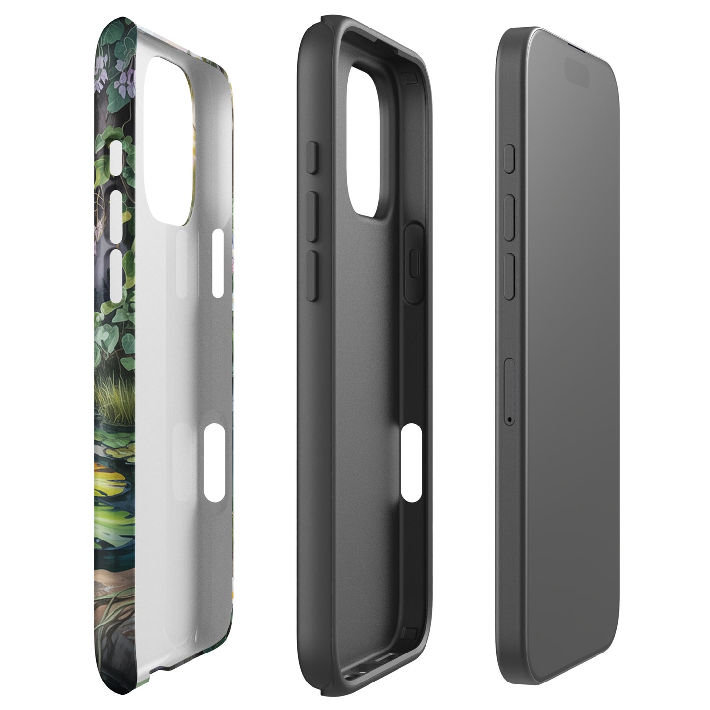 Phone Case with enchanted pond design showcasing lush greenery and water lilies for iPhone.