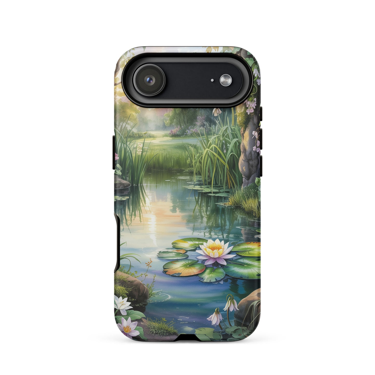 Phone Case for iPhone with Enchanted Pond design featuring water lilies and lush greenery in soft sunset light.