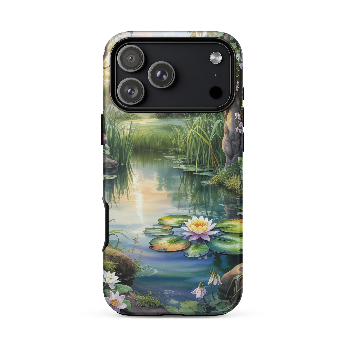 Phone Case for iPhone featuring an Enchanted Pond design with lily pads and golden sunset reflections, creating a serene, storybook charm.