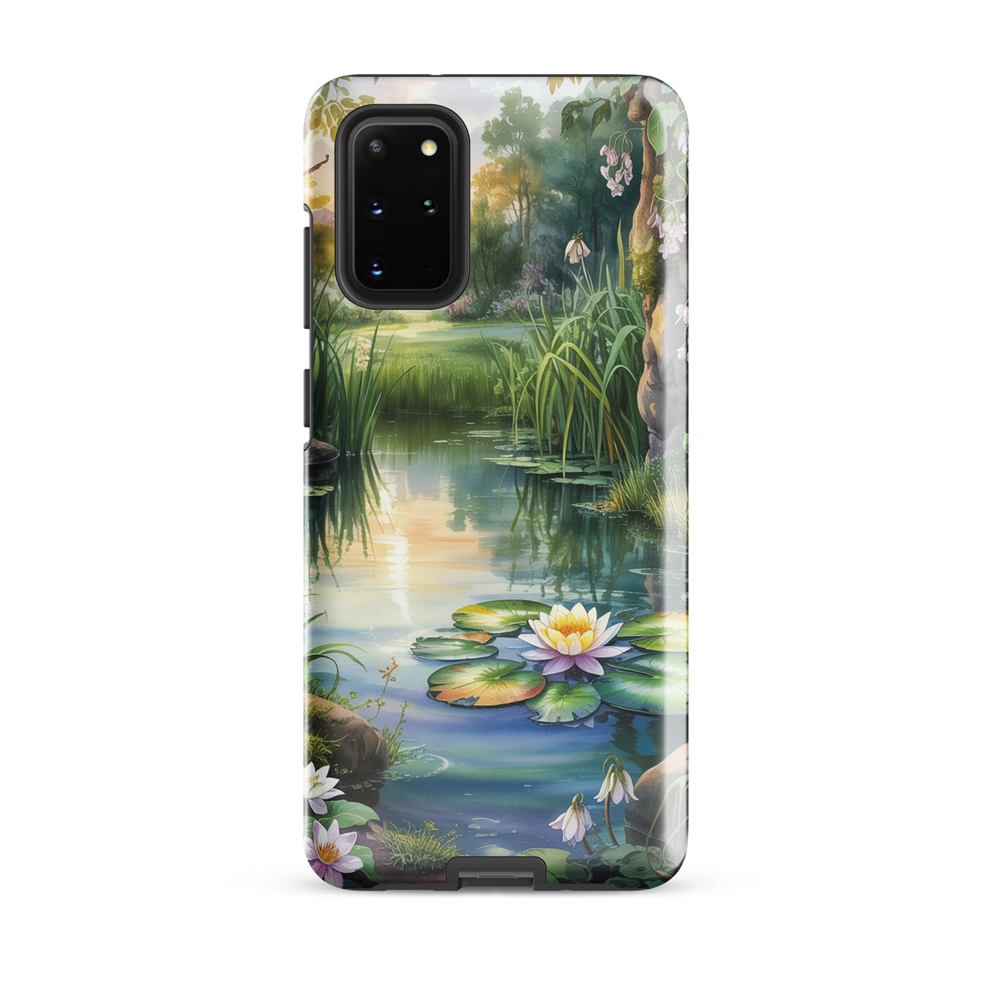 Phone Case for Samsung Galaxy with Enchanted Pond design featuring water lilies and greenery in soft sunset light.