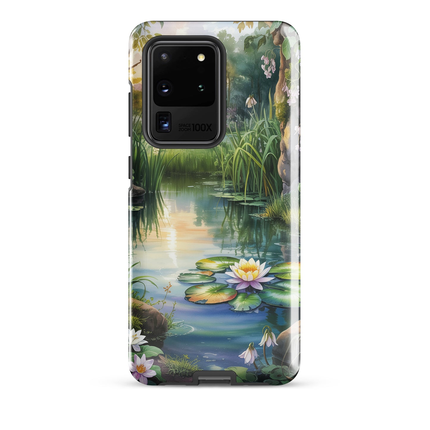 Phone Case for Samsung Galaxy with enchanted pond design, featuring water lilies and sunset reflections.