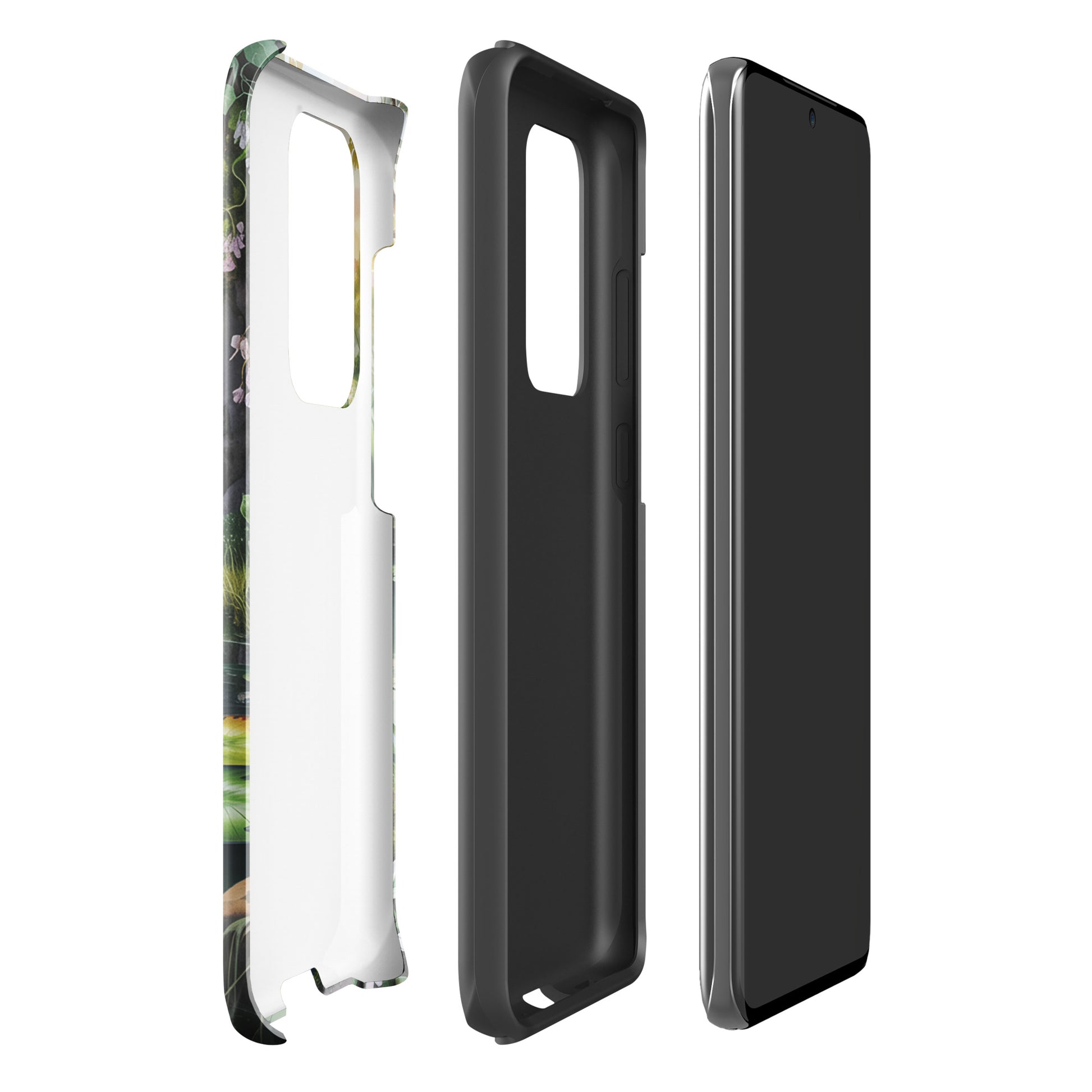 Phone Case for Samsung Galaxy with enchanted pond design showcasing split view of case layers.
