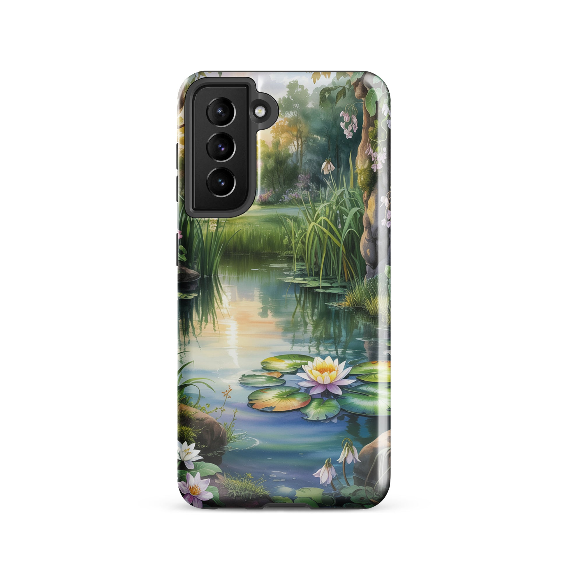 Phone Case for Samsung Galaxy with enchanted pond design, featuring water lilies and dreamy wildflowers, peaceful and storybook charm.