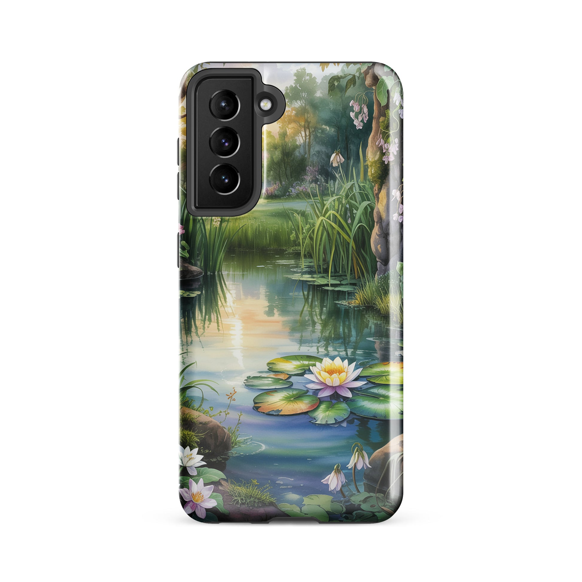 Phone Case for Samsung Galaxy with enchanted pond design, featuring lily pads, soft sunset light, and lush greenery for peaceful charm.