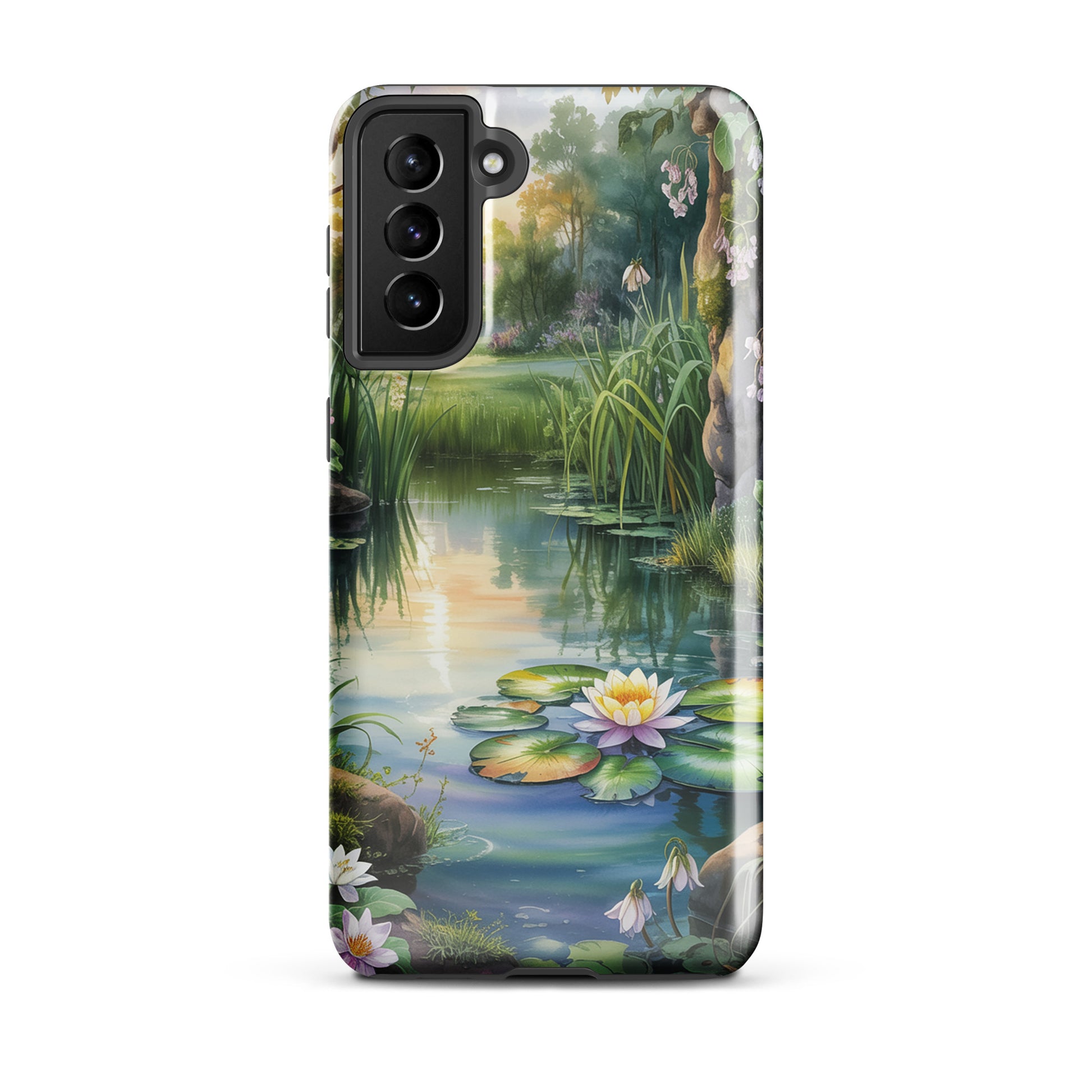 Phone Case for Samsung Galaxy featuring enchanted pond design with lily pads and wildflowers, offering a serene, storybook charm.