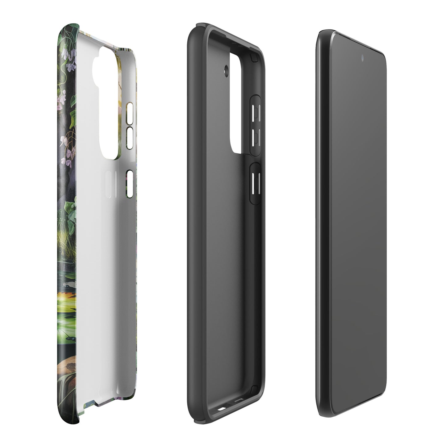 Enchanting Phone Case for Samsung Galaxy with lily pond design, showcasing three views of protective case.