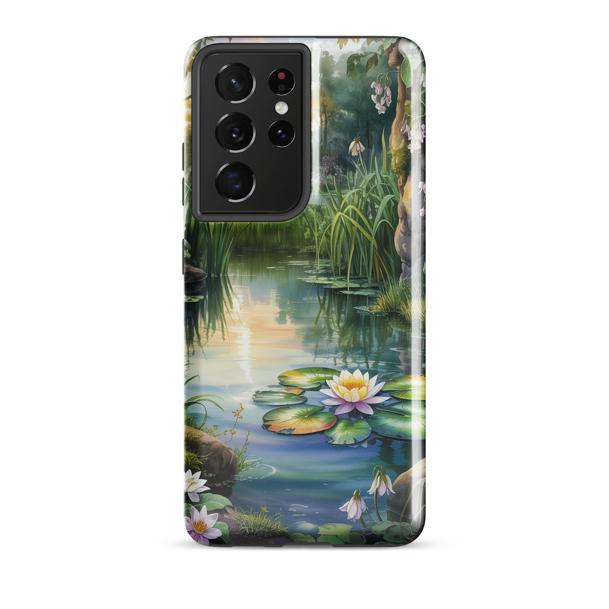 Phone Case for Samsung Galaxy with enchanted pond design featuring water lilies, greenery, and sunset reflections.