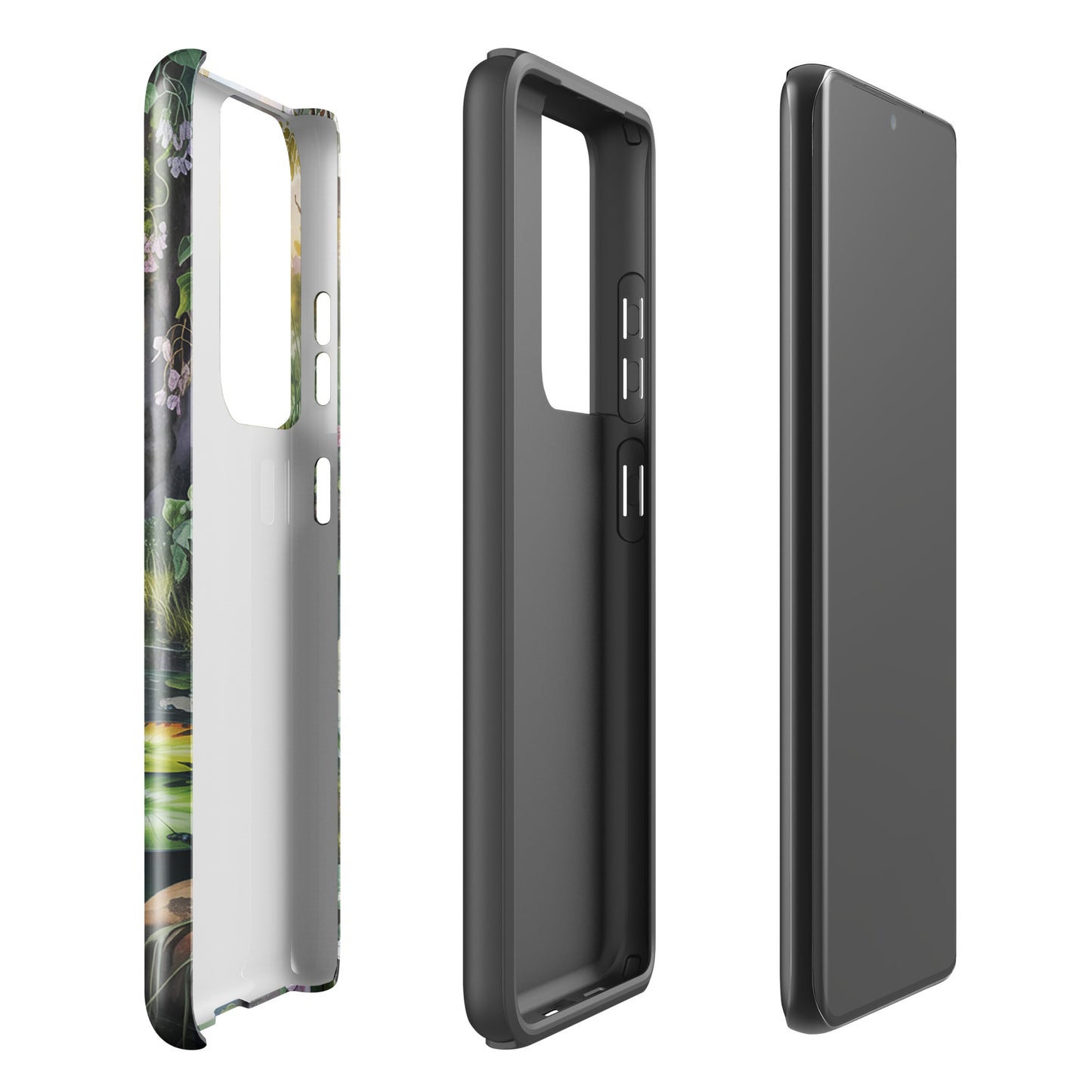 Phone Case for Samsung Galaxy Enchanted Pond with tranquil pond design, showing front, back, and side views to highlight features.