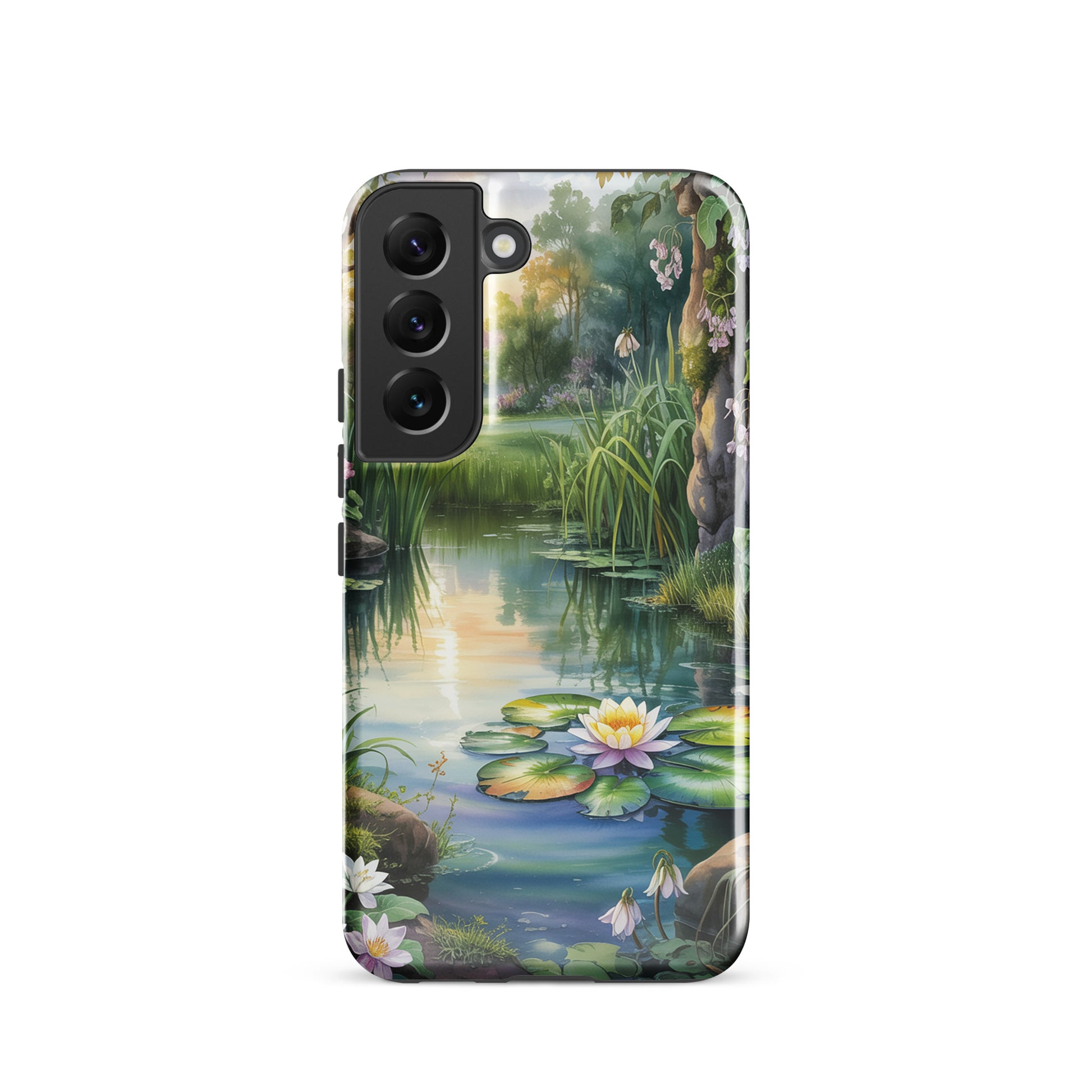 Phone Case for Samsung Galaxy with enchanted pond design featuring water lilies and greenery.