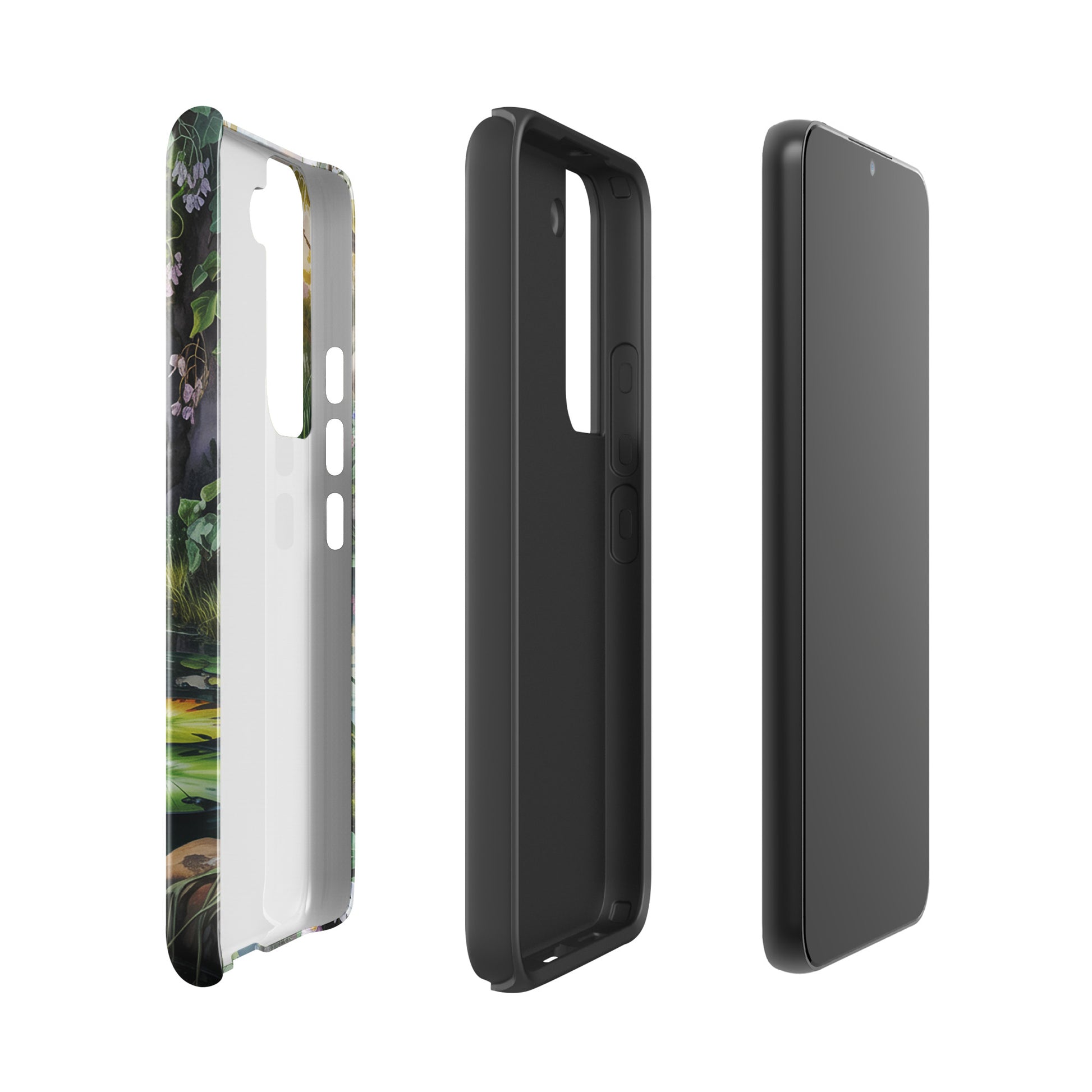 Phone Case for Samsung Galaxy with enchanted pond design showing greenery and wildflowers.