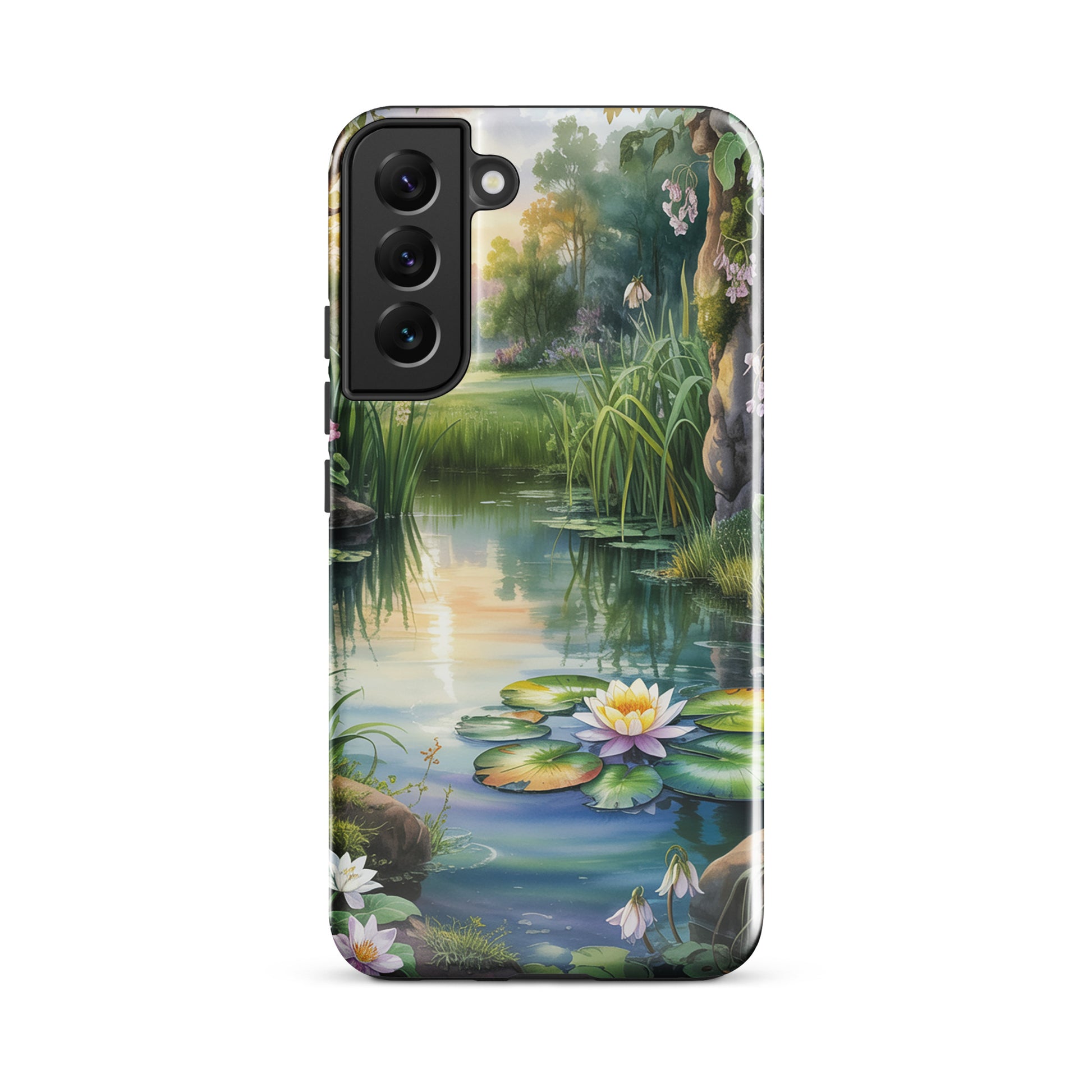 Phone Case for Samsung Galaxy with enchanted pond design, featuring lilies and greenery in warm sunset light, peaceful and charming.