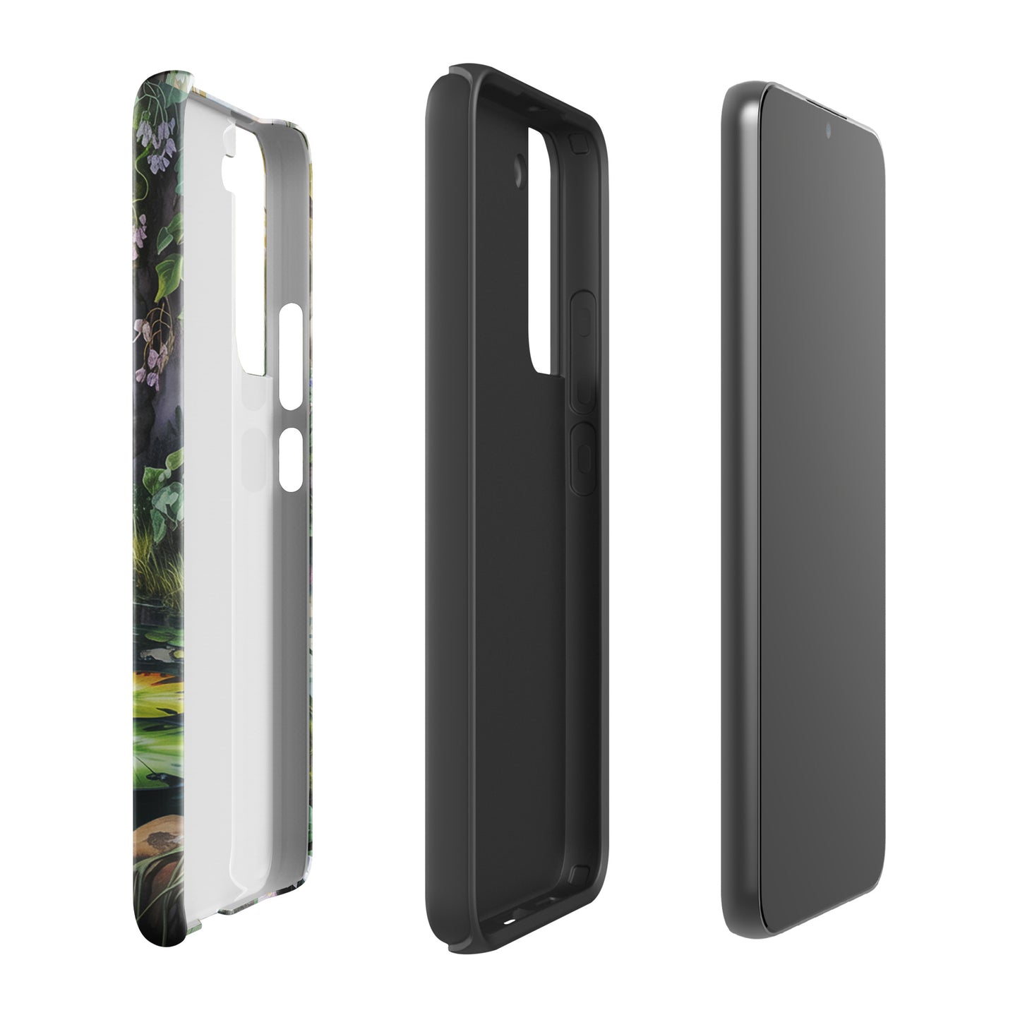 Phone Case for Samsung Galaxy with enchanted pond design, featuring lily-dotted pond and lush greenery case, side and back view.