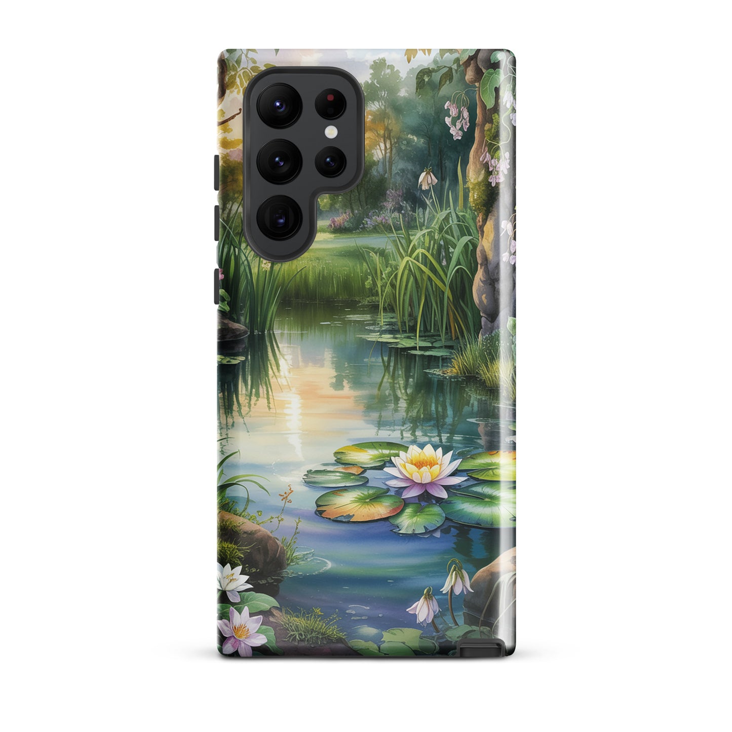 Phone Case for Samsung Galaxy with enchanted pond design, showing lilies and lush greenery.