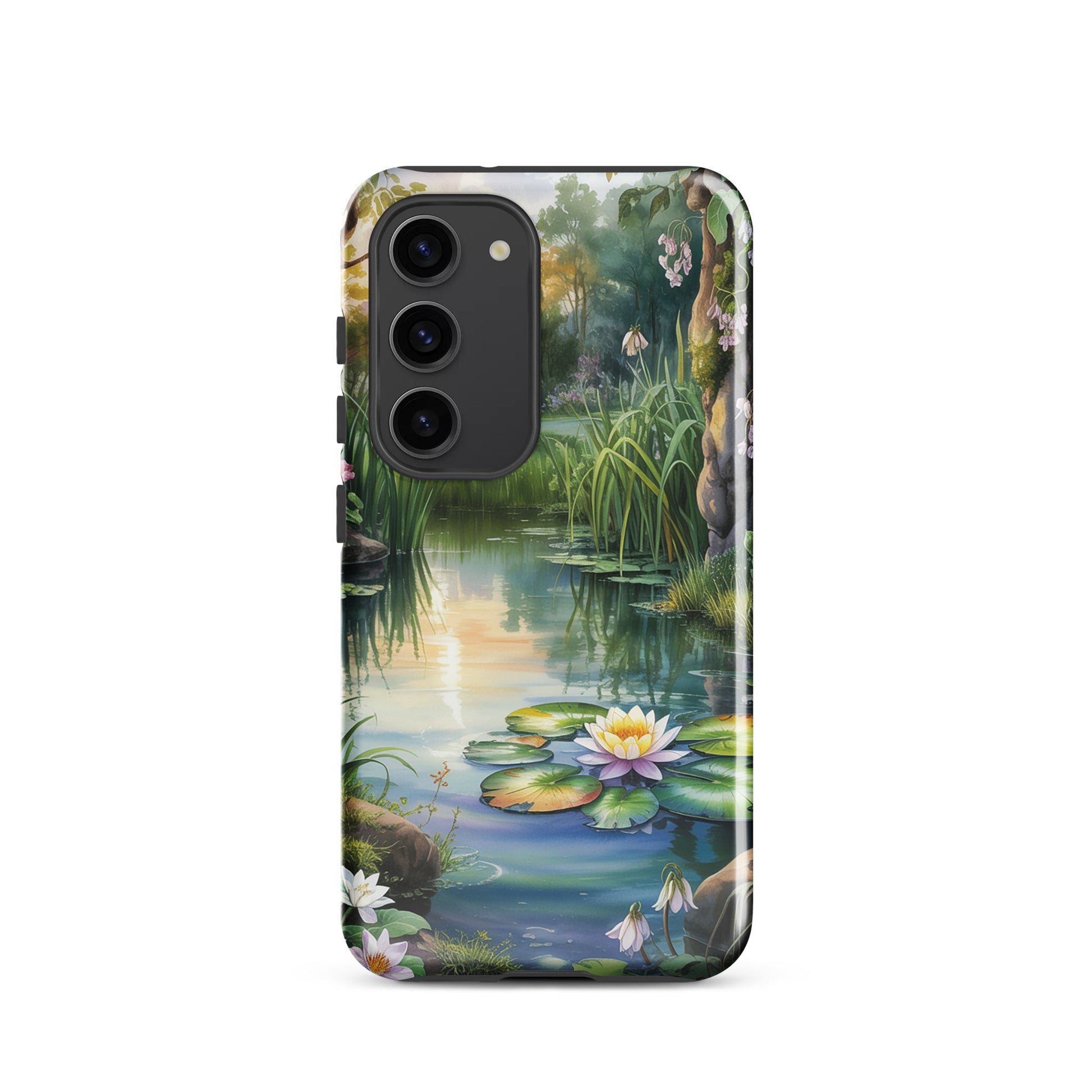 Phone Case for Samsung Galaxy with enchanted pond design featuring lily pads and serene nature scene.