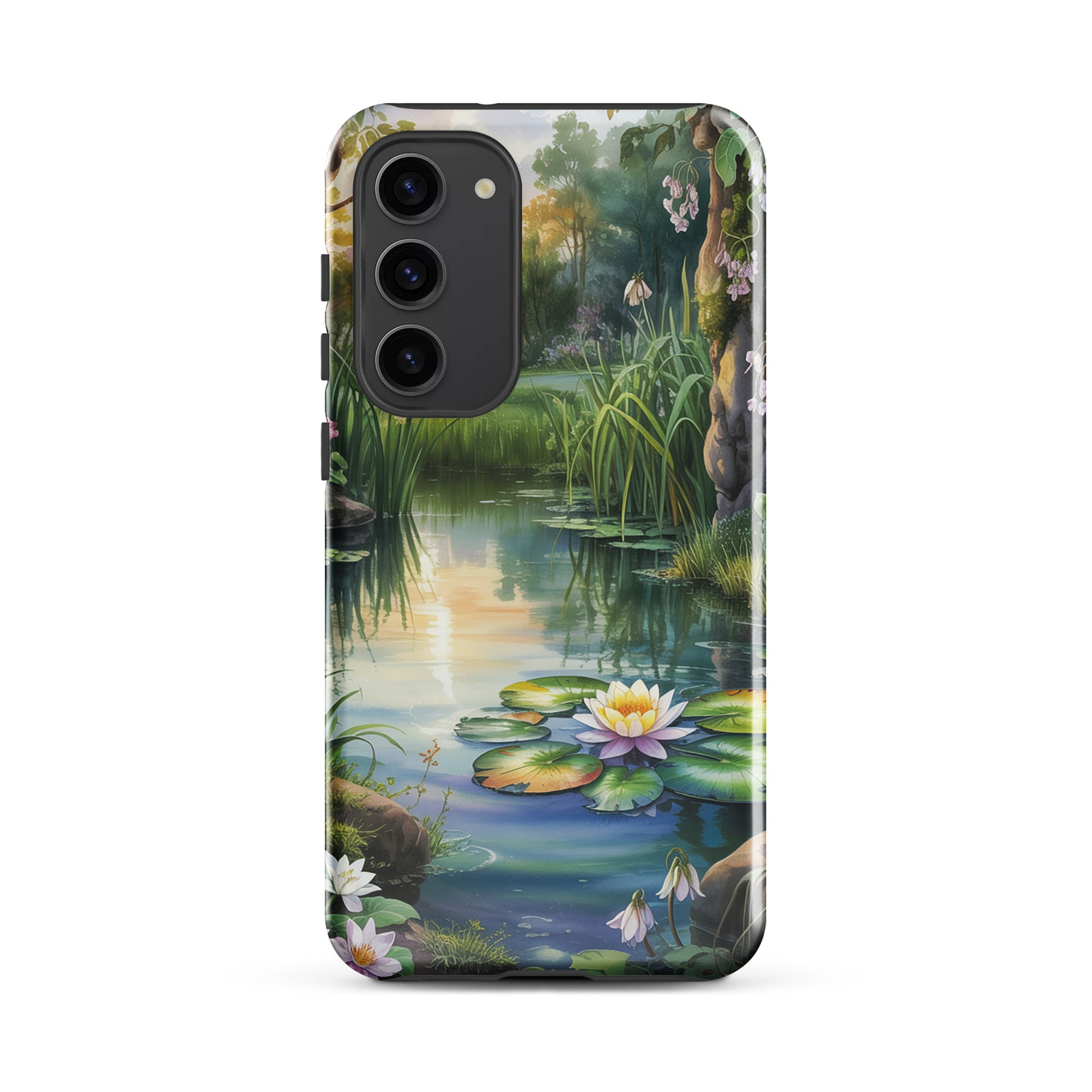 Phone Case for Samsung Galaxy with enchanted pond design, featuring lily pads and sunset reflections, adding a tranquil touch to your device.