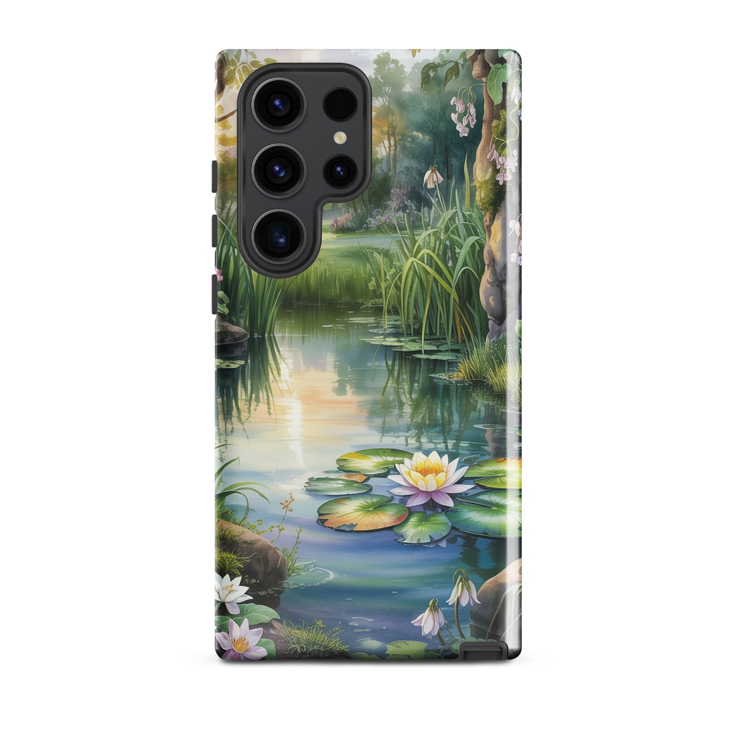 Phone Case for Samsung Galaxy with enchanted pond design featuring water lilies, lush greenery, and sunset reflections.