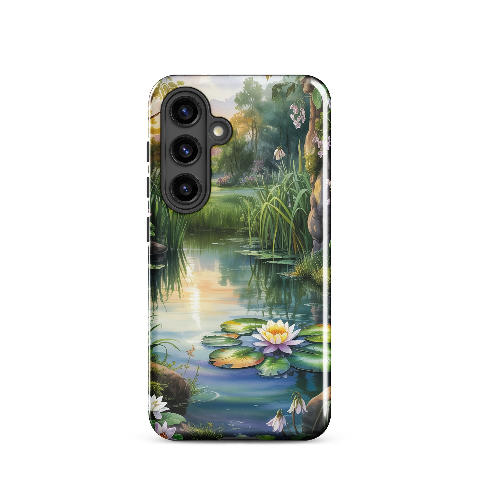 Phone Case for Samsung Galaxy with enchanted pond design and water lilies, providing a peaceful storybook charm and golden sunset reflections.