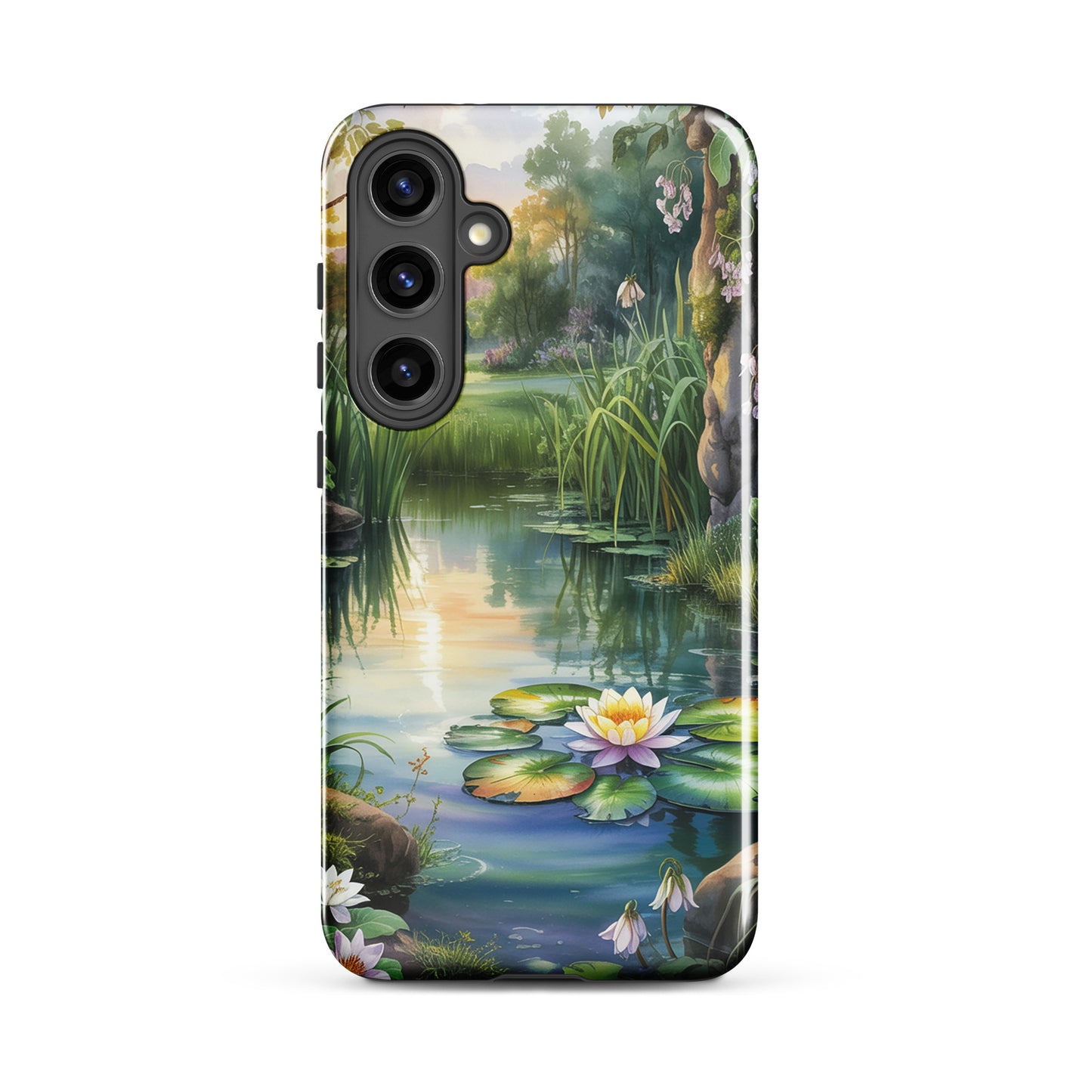 Phone Case with enchanted pond design for Samsung Galaxy featuring lily pads and sunset reflections.