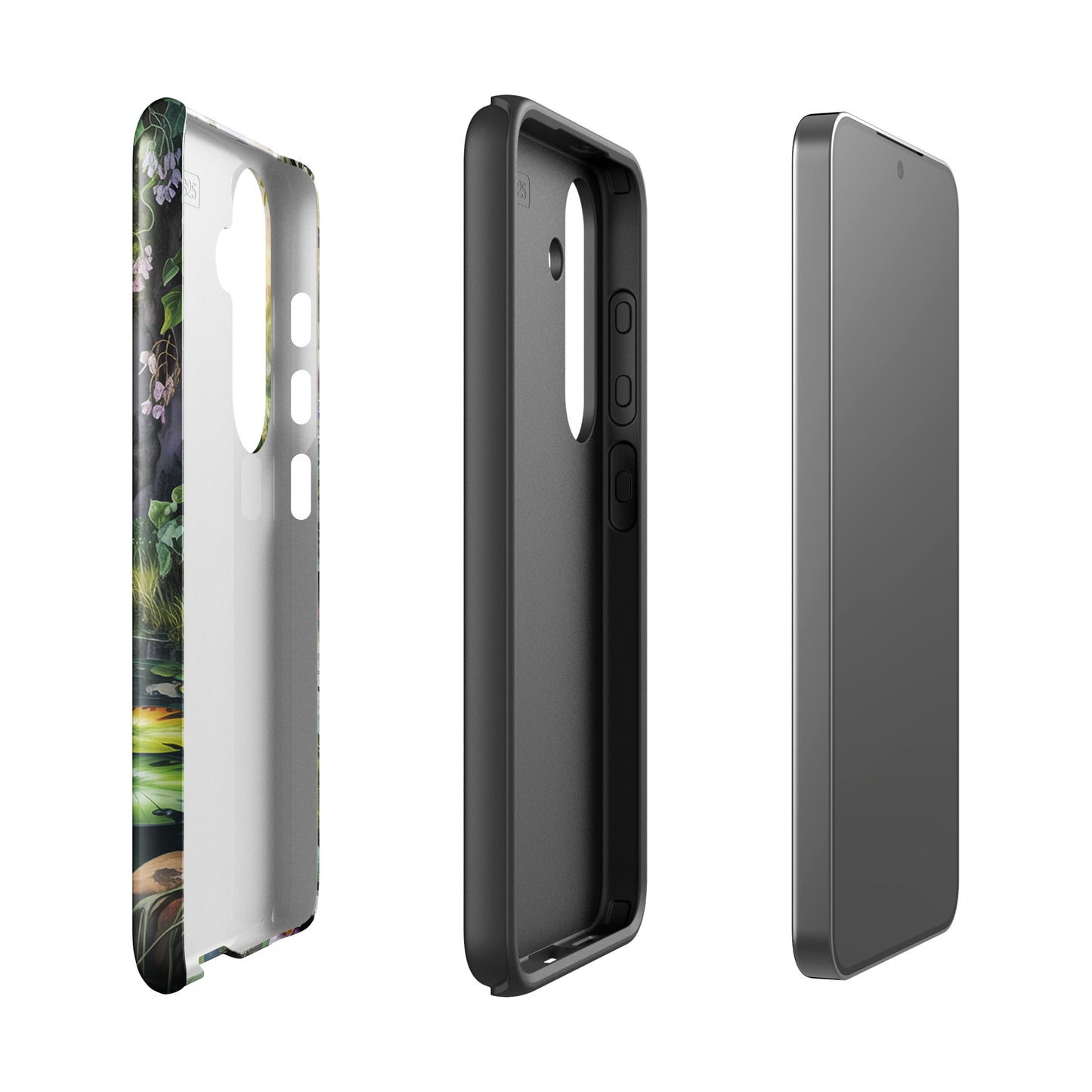 Phone Case for Samsung Galaxy featuring enchanted pond design with water lilies and wildflowers, showing different angles of the case.