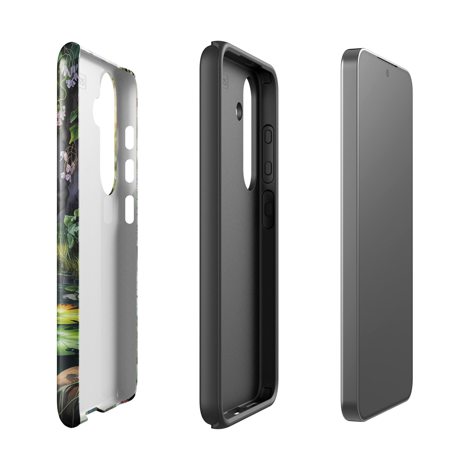 Phone Case for Samsung Galaxy featuring enchanted pond design with water lilies and wildflowers, showing different angles of the case.