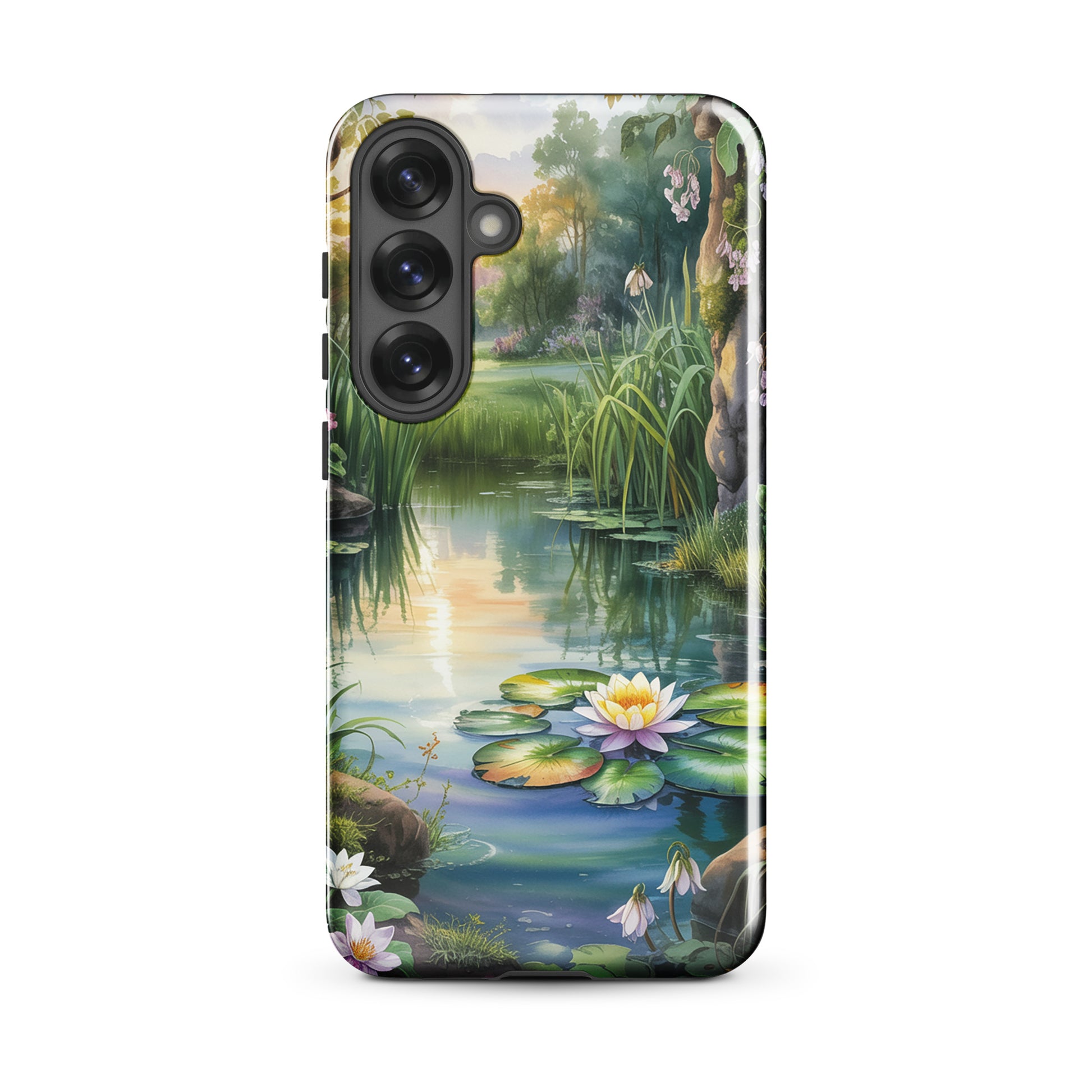 Phone Case for Samsung Galaxy with Enchanted Pond design featuring lily pads, sunset, and wildflowers, offering a peaceful charm.