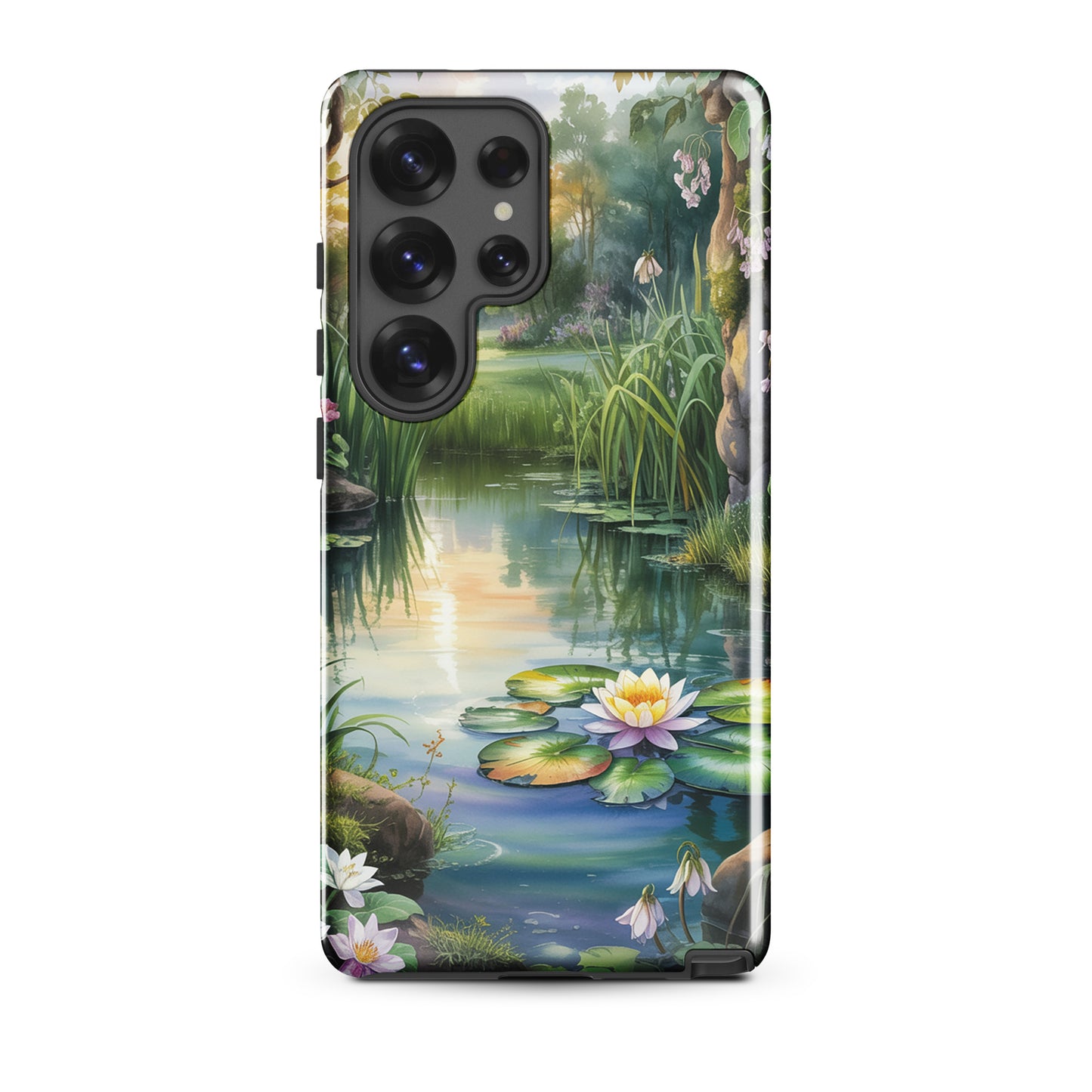Phone Case for Samsung Galaxy with enchanted pond design, featuring lily-dotted waters and lush greenery, tranquil storybook charm.