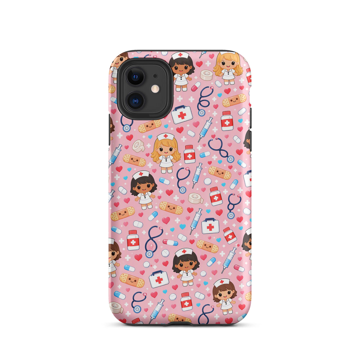 Phone Case for iPhone with cute kawaii nurse medical pattern featuring nurses, medical tools, and pink background.
