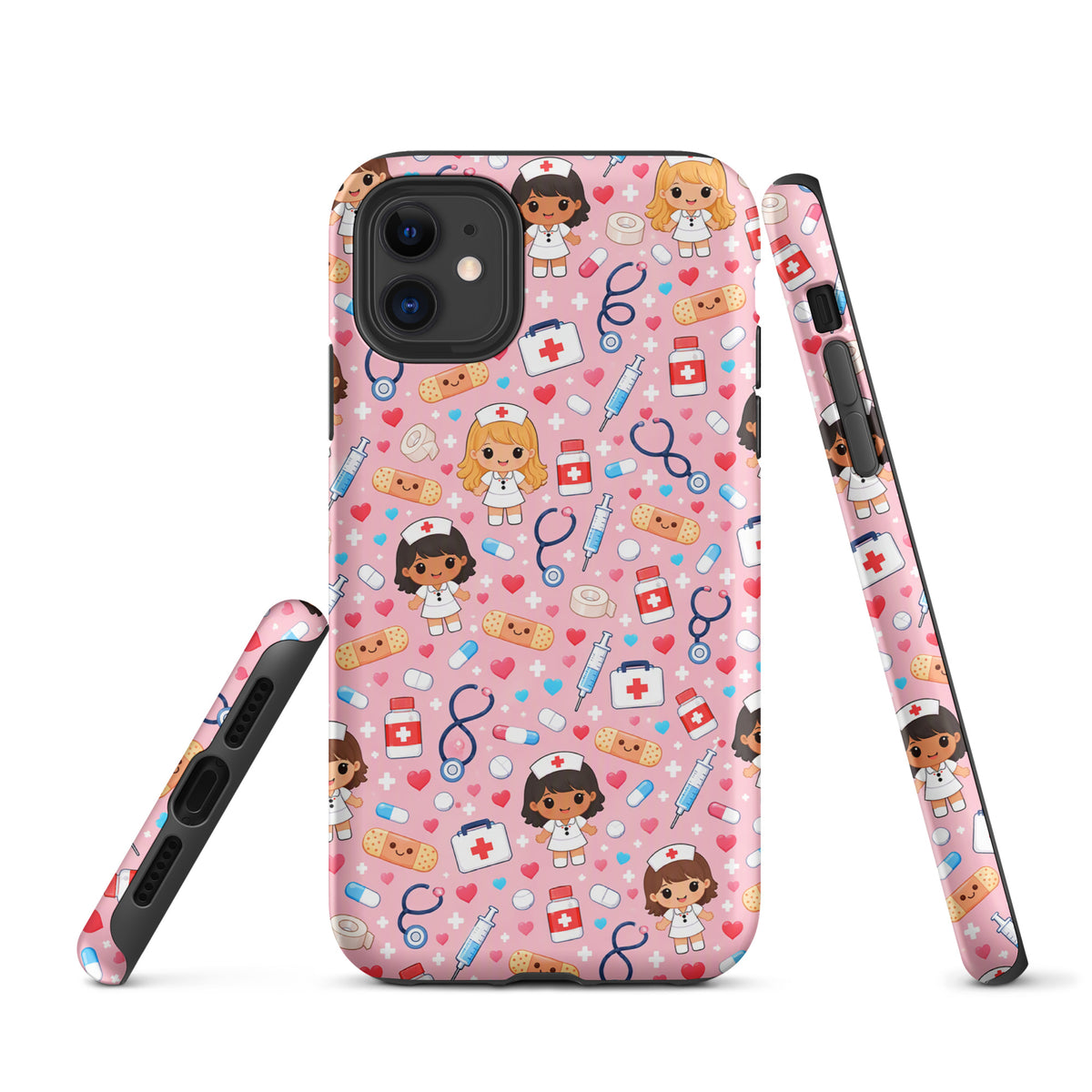 Phone Case for iPhone with kawaii nurse medical pattern on pink background featuring nurses, bandages, stethoscopes, and medical icons.