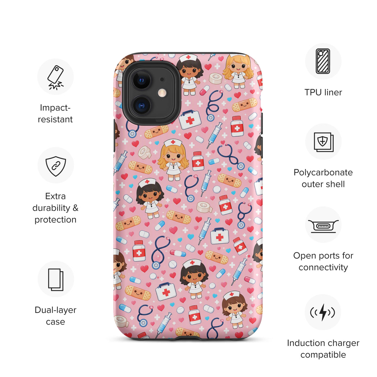 Phone Case for iPhone with cute kawaii nurse medical pattern, featuring pink background and healthcare-themed designs.