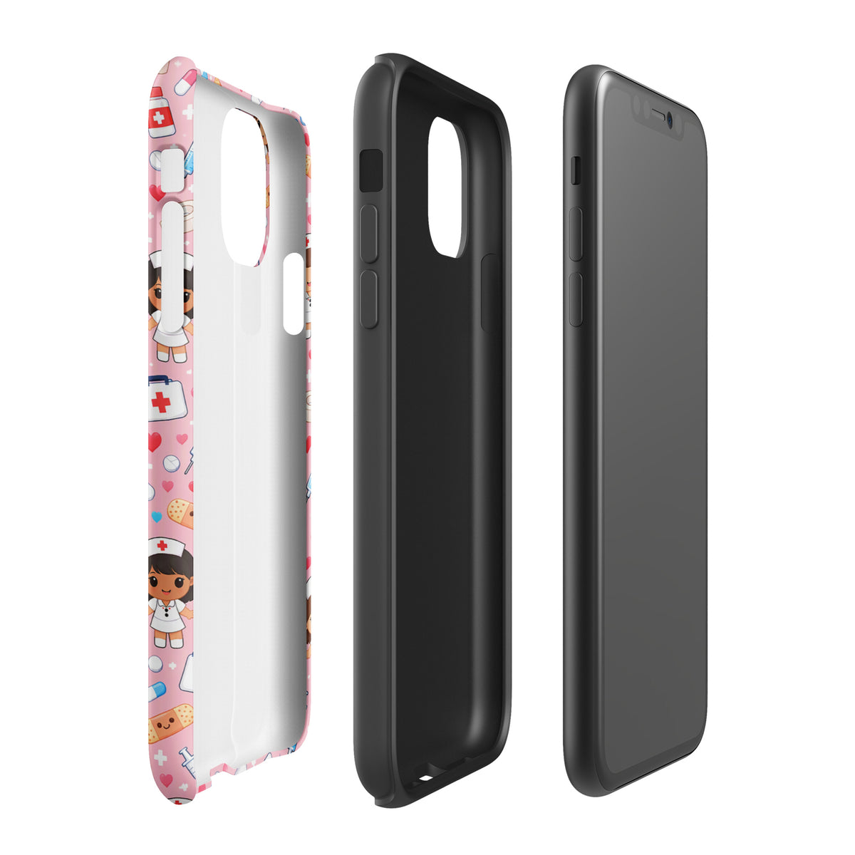 Phone Case for iPhone featuring kawaii nurse medical pattern with colorful healthcare icons on light pink background.