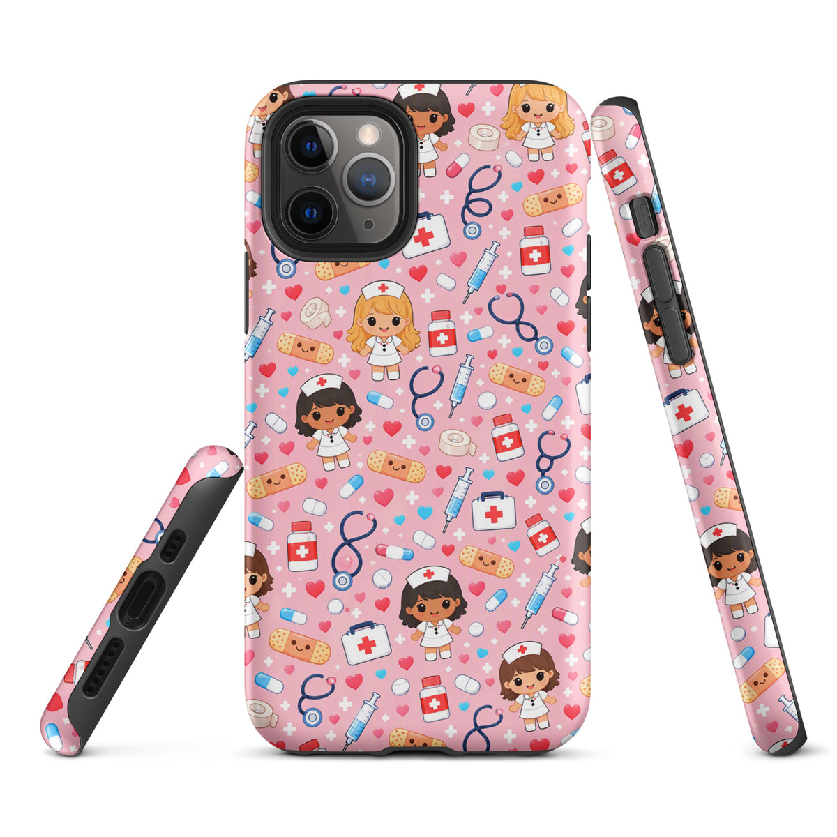 Phone Case for iPhone with cute kawaii nurse medical pattern, including stethoscopes, syringes, and first aid kits on a pink background.