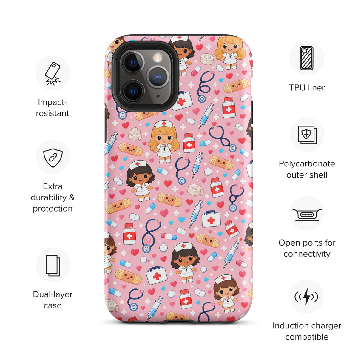 Phone Case with kawaii nurse medical pattern for iPhone, featuring pink background with cute medical items and healthcare theme.