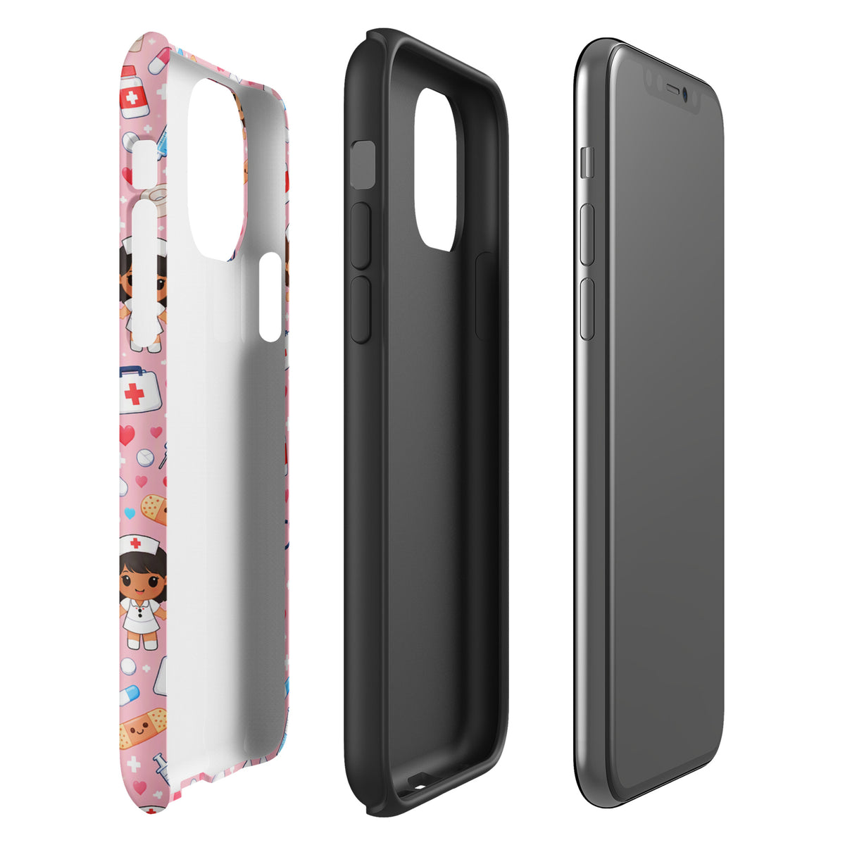 Phone Case for iPhone with kawaii nurse medical pattern, pink background with nurse characters, stethoscopes, and medical icons.