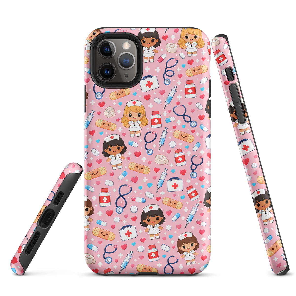 Phone Case for iPhone with cute kawaii nurse medical pattern on pink background with nurse characters and medical items.