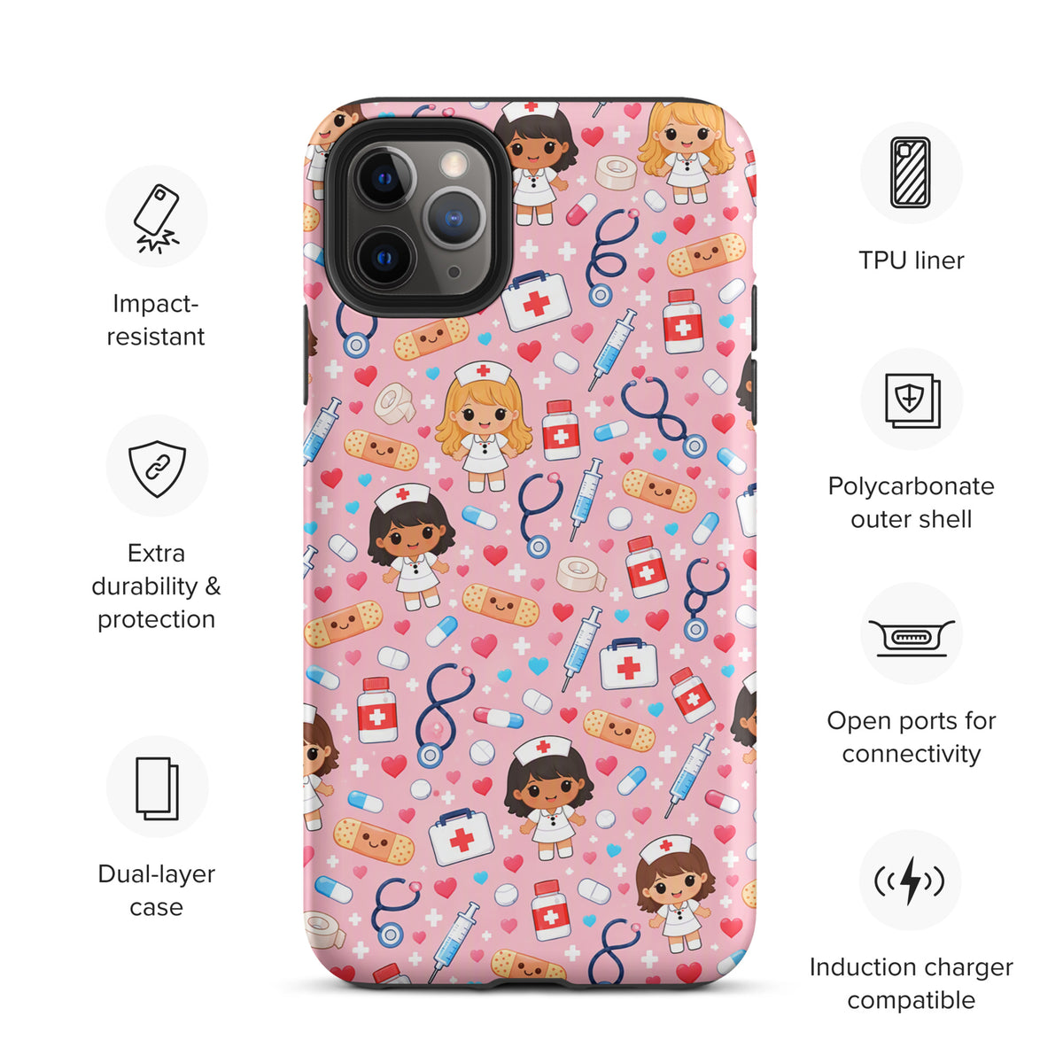 Phone Case for iPhone with kawaii nurse medical pattern on pink background, featuring colorful nurse characters and medical icons.