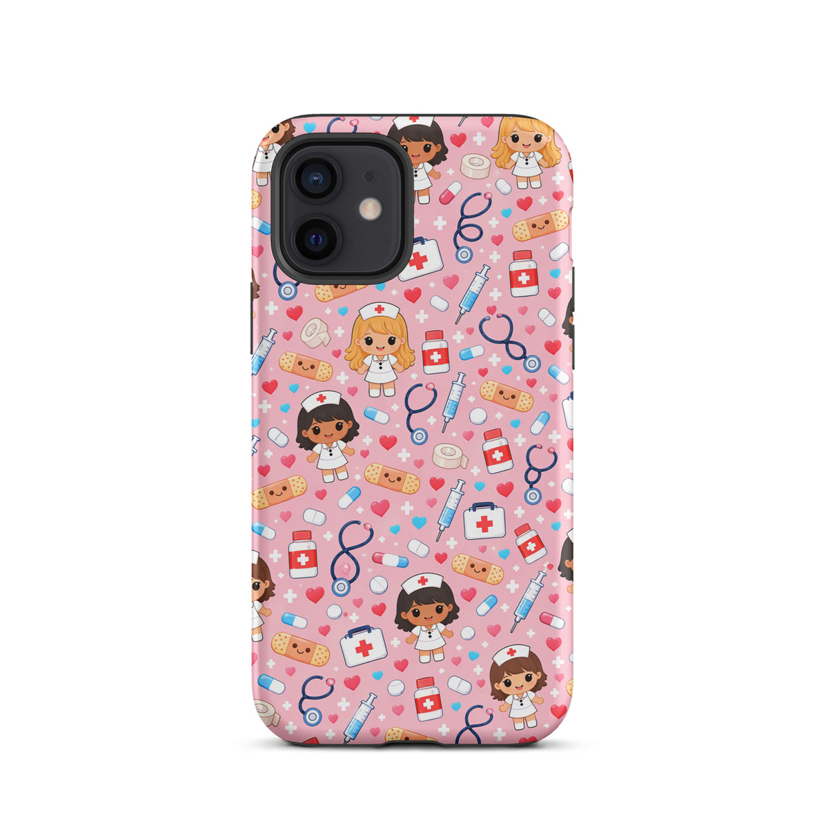 Cute kawaii Phone Case for iPhone featuring nurse medical pattern with stethoscopes, syringes, and pills on pink background.