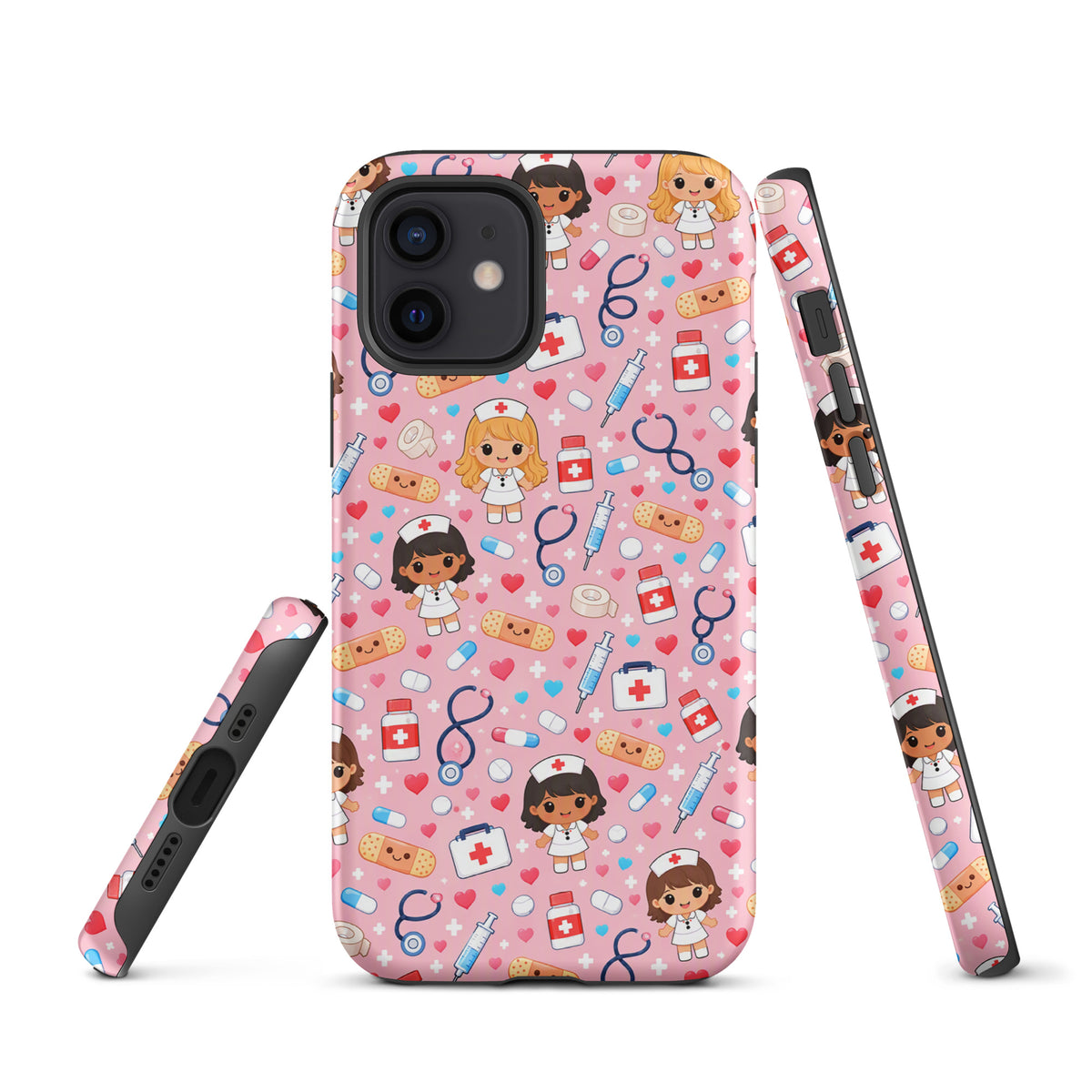 Phone Case with kawaii nurse medical pattern on light pink background for iPhone, featuring cute healthcare-themed illustrations.