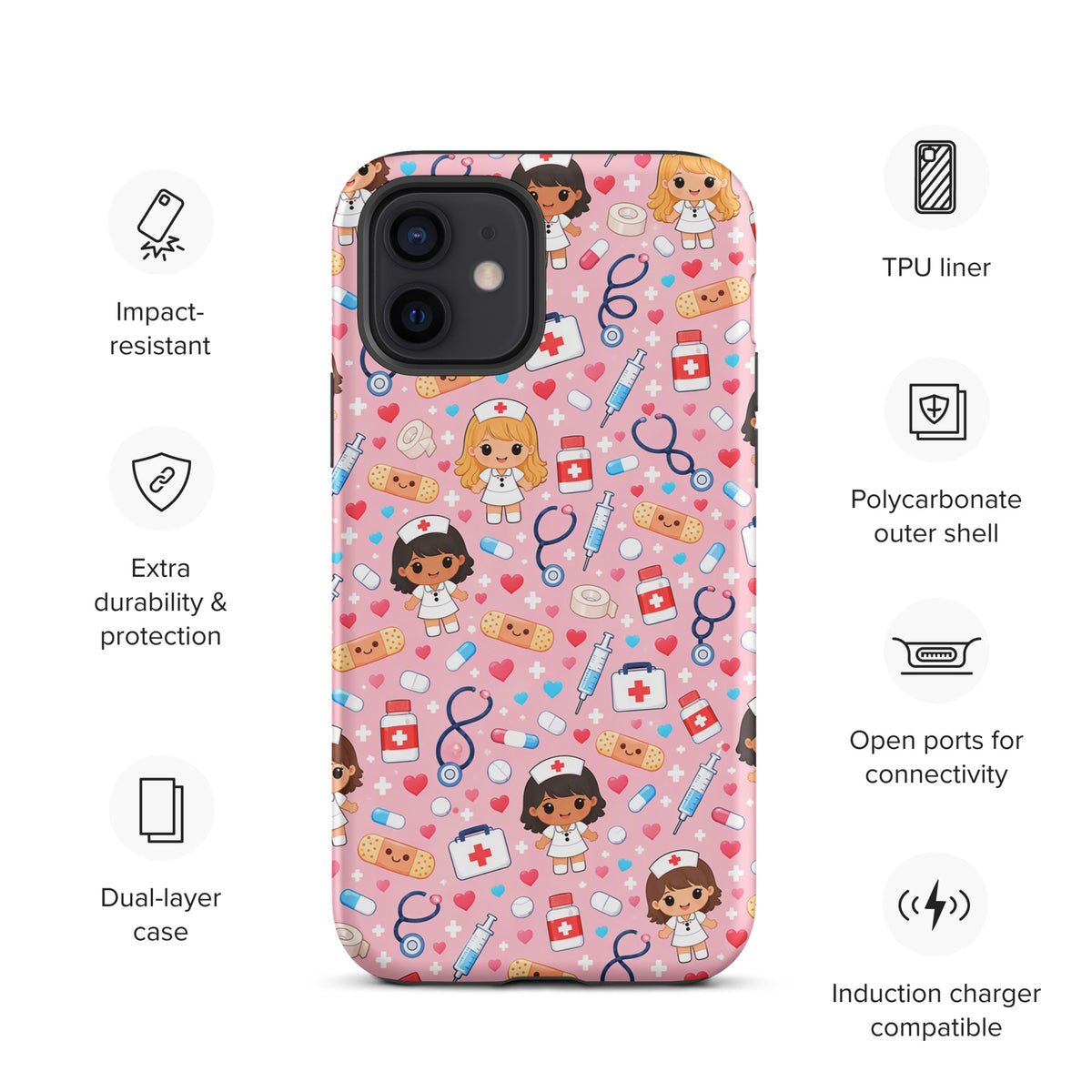 Phone Case for iPhone with kawaii nurse medical pattern on pink background with stethoscopes, syringes, and more healthcare elements.