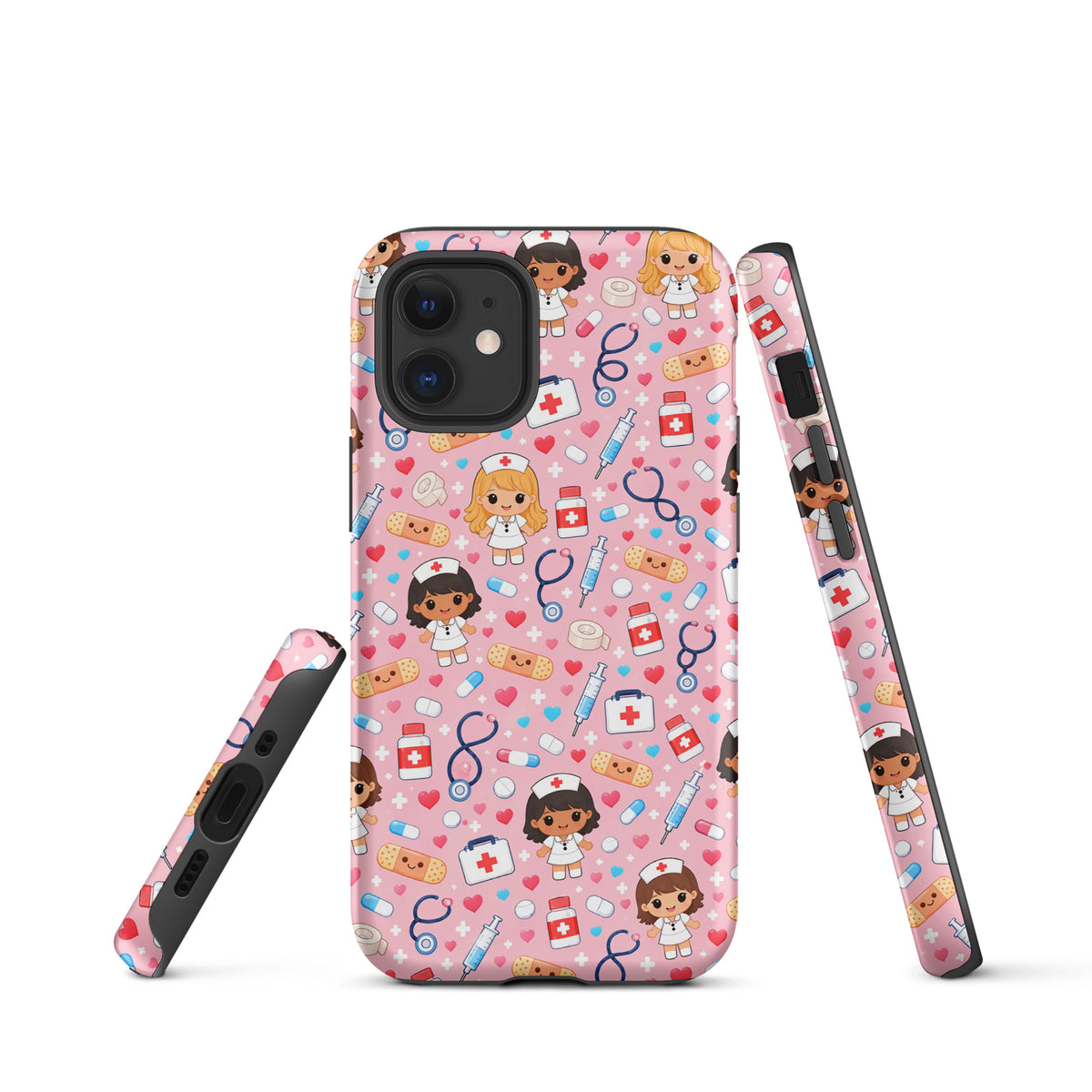 Phone Case for iPhone with kawaii nurse medical pattern on pink background with cute healthcare icons.