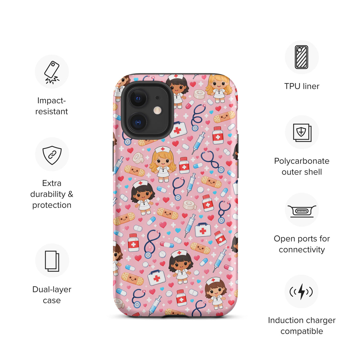 Phone Case with kawaii nurse pattern, iPhone accessory featuring adorable medical designs on pink, perfect for healthcare enthusiasts.