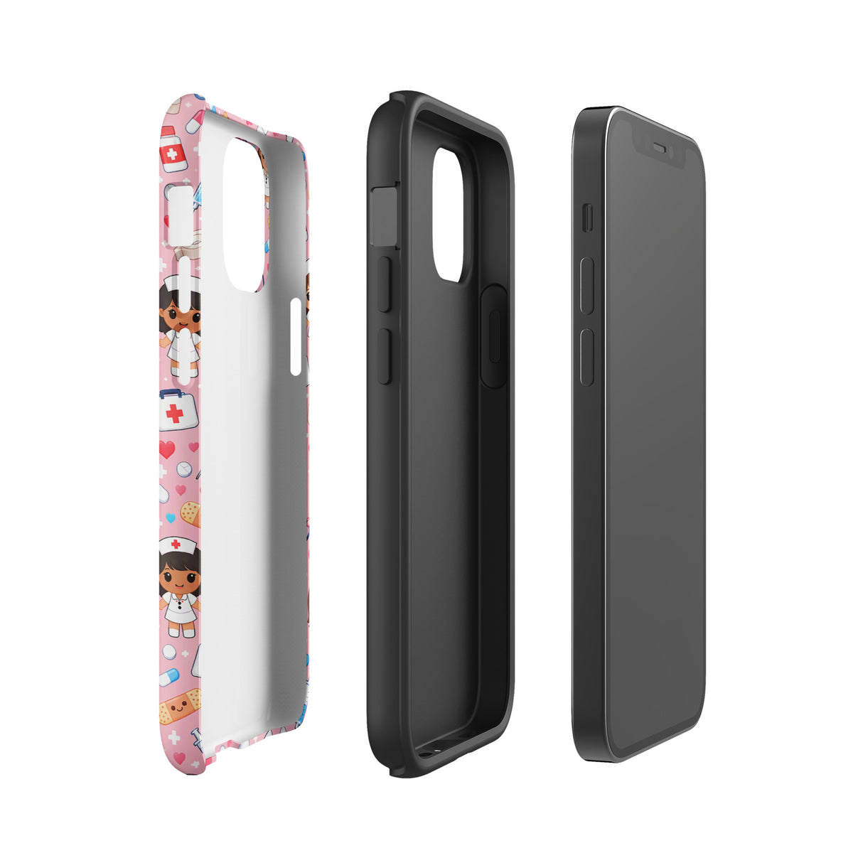 Phone Case for iPhone with kawaii nurse medical pattern, pink background with nurse characters, stethoscopes, and medical icons.