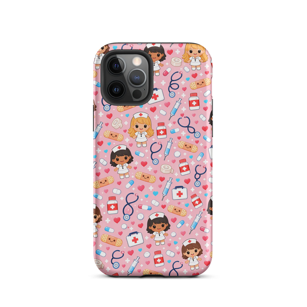 Phone Case for iPhone with cute kawaii nurse pattern on pink background with medical items like stethoscopes and bandages.