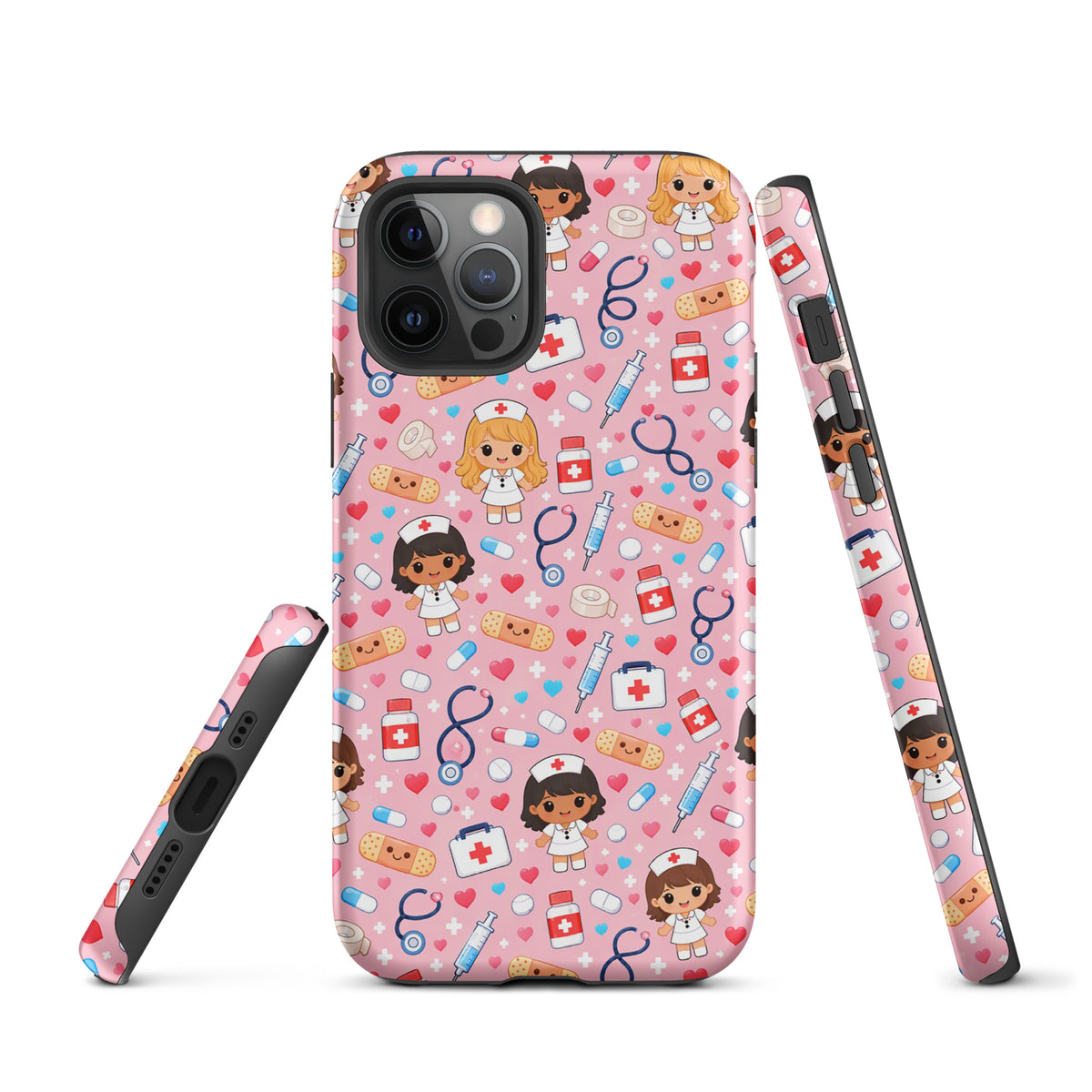 Phone Case with kawaii nurse pattern, pink background, medical theme for iPhone. Cute stethoscopes, bandages, and pills design.