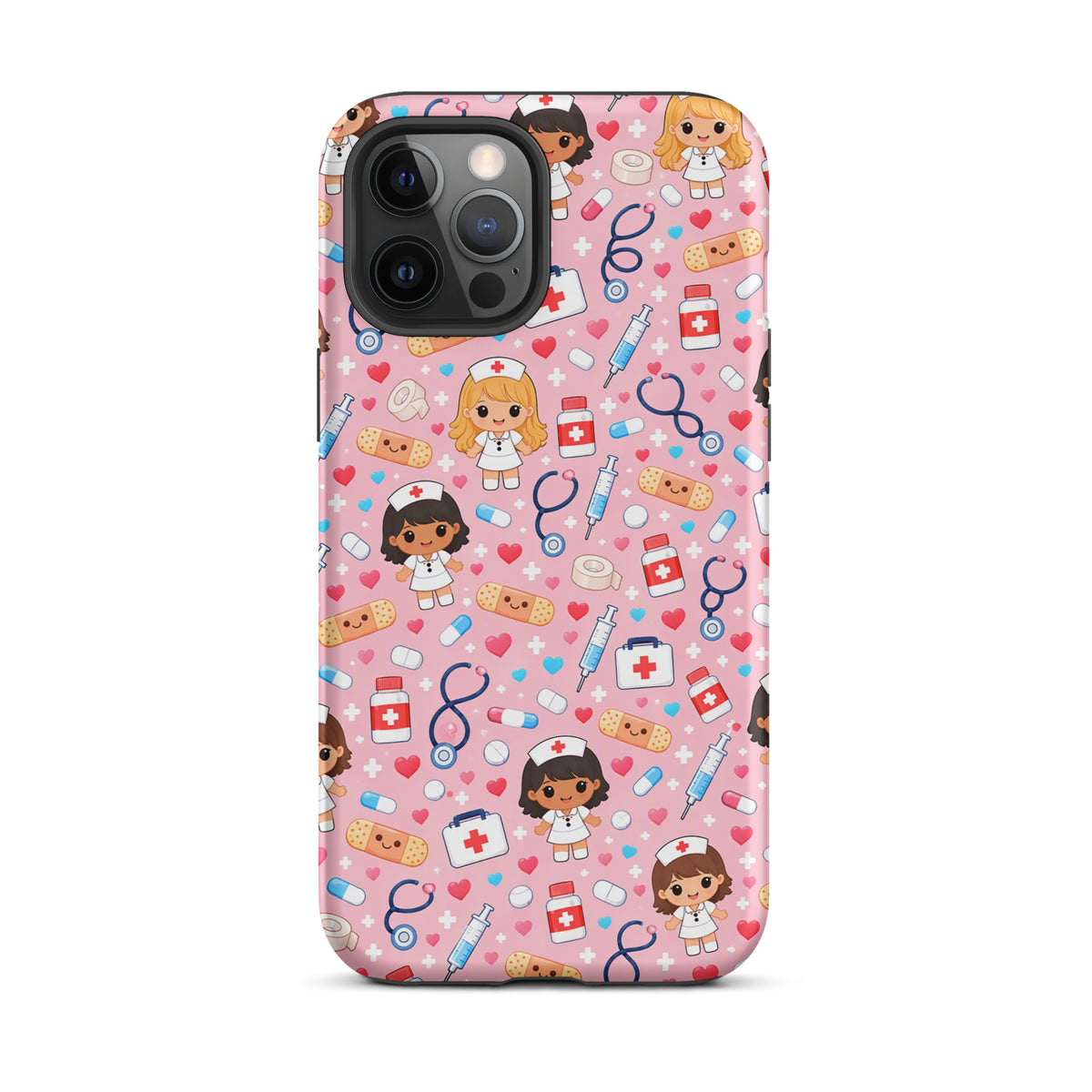Phone Case for iPhone with kawaii nurse medical pattern on pink background, featuring nurse characters and healthcare symbols.