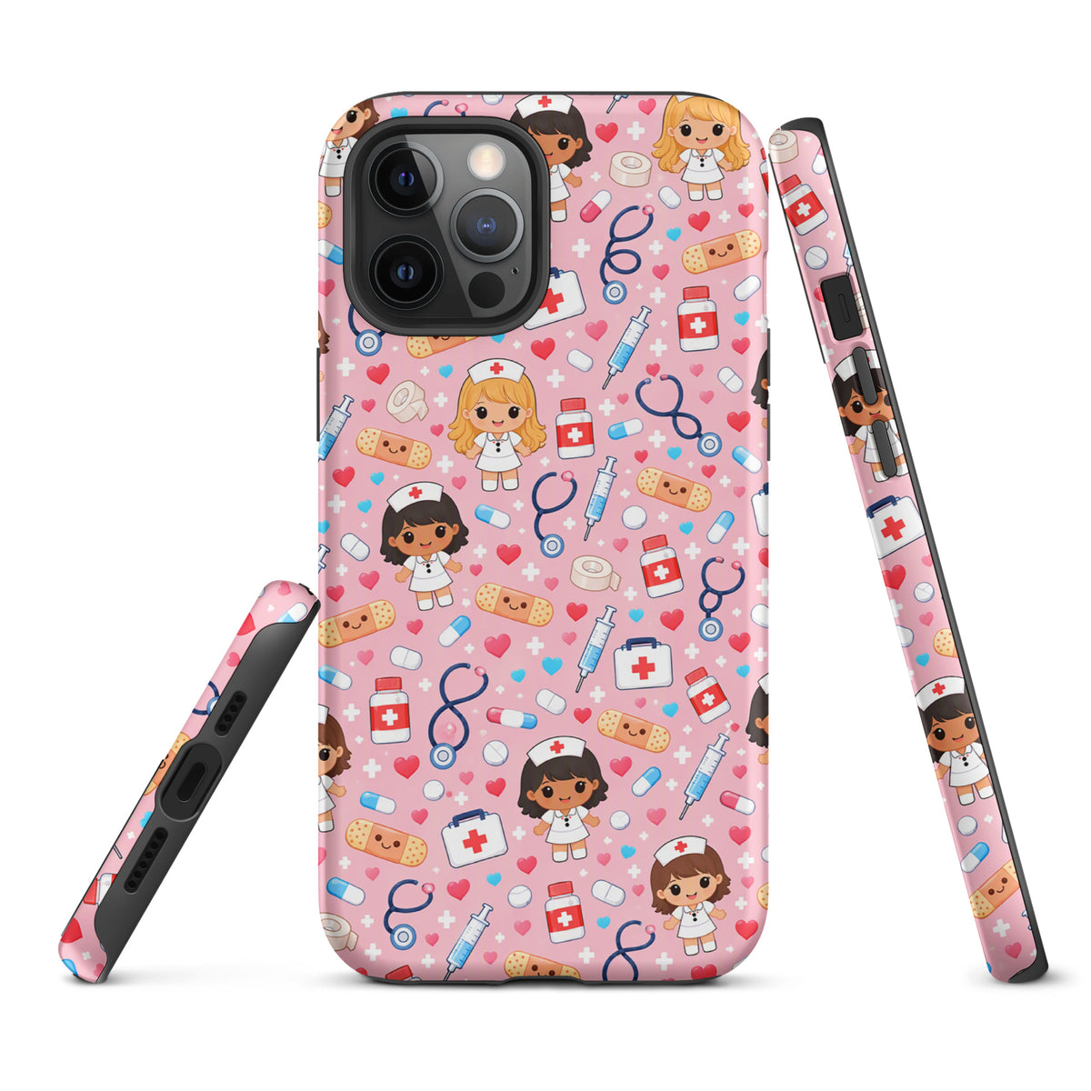 Phone Case with kawaii nurse medical pattern on a pink background, featuring stethoscopes, syringes, and healthcare icons.