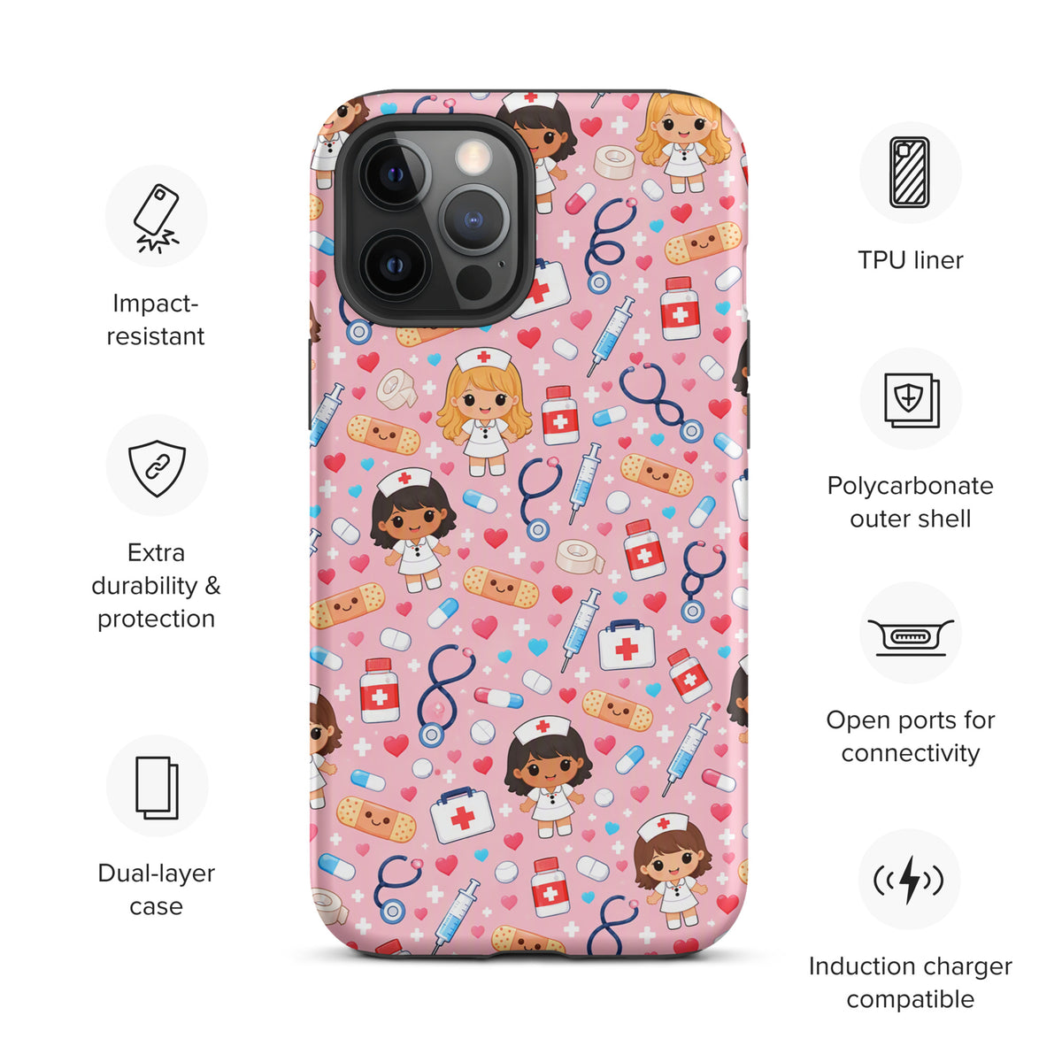 Phone Case for iPhone with cute kawaii nurse medical pattern on pink background, featuring adorable nurse characters, stethoscopes, bandages.